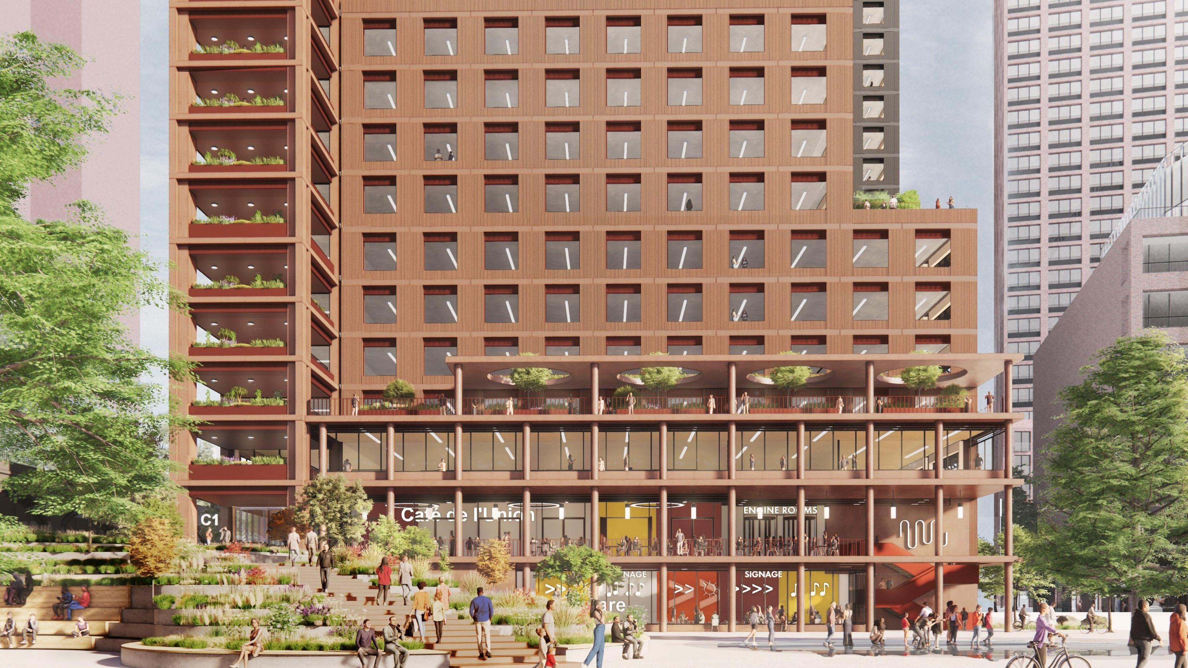 A digitally rendered impression of a glass-fronted modern tower block opens out on to a concrete forecourt decorated with trees, shrubs and a stepped seating area. People can be seen milling about the area.