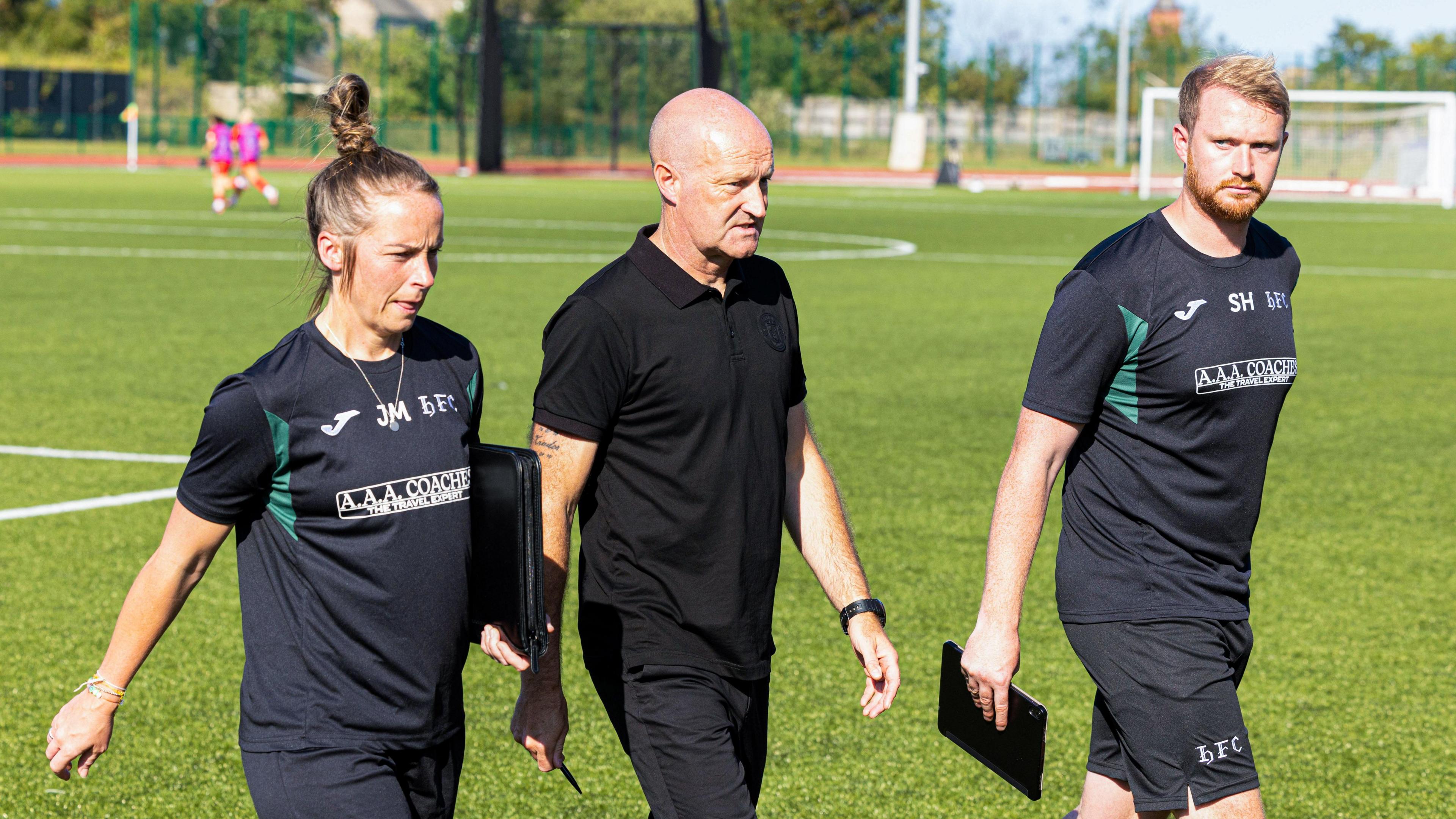 Hibernian co-head coaches Joelle Murray (left) and Stewart Hall (right) and team manager Grant Scott