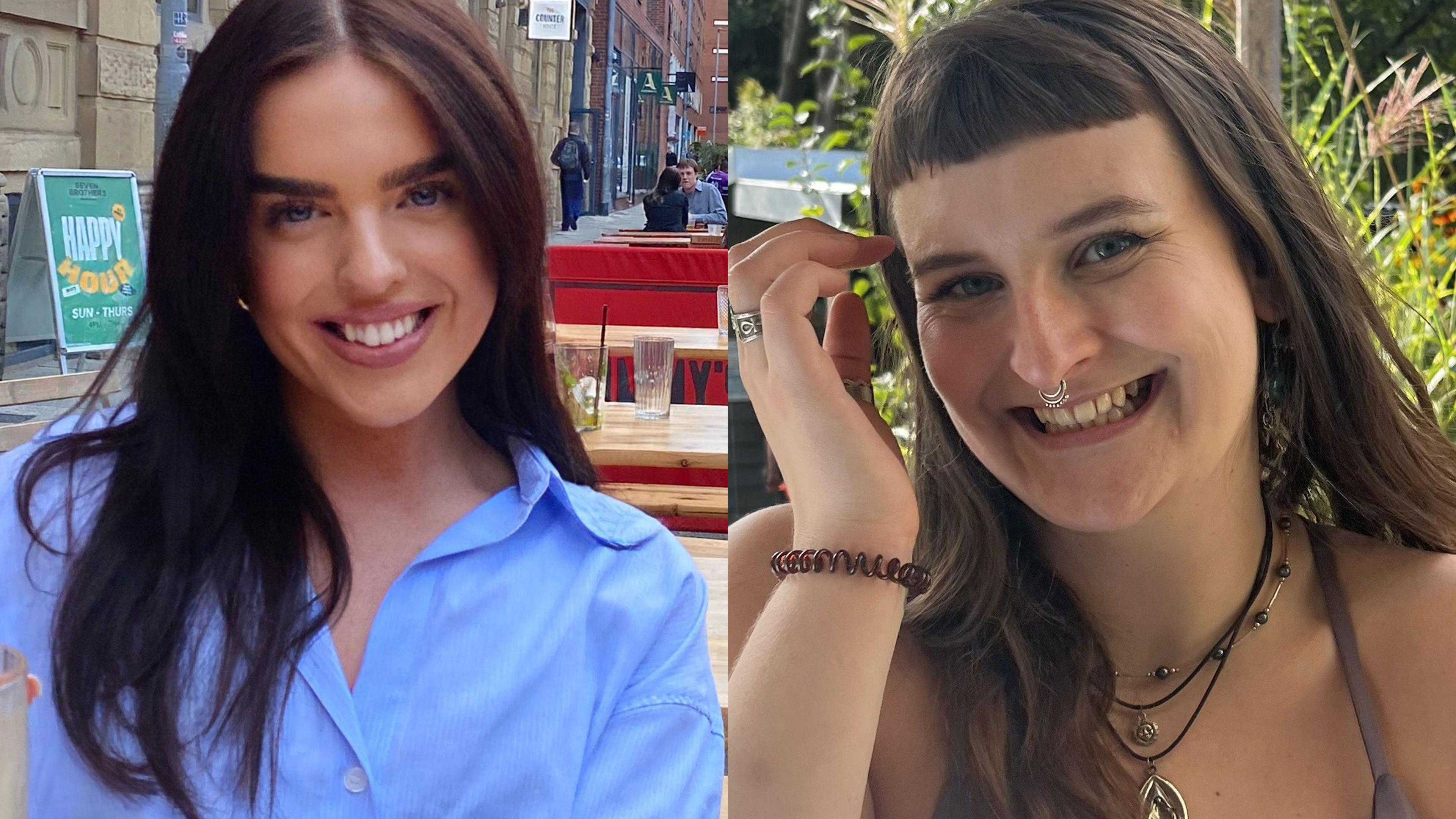 There are two images on screen. The one of the left is a woman with long black hair, smiling at the camera. She is wearing a blue shirt. On the right is a woman with brown hair and a fringe at the front. She is wearing a nose ring.