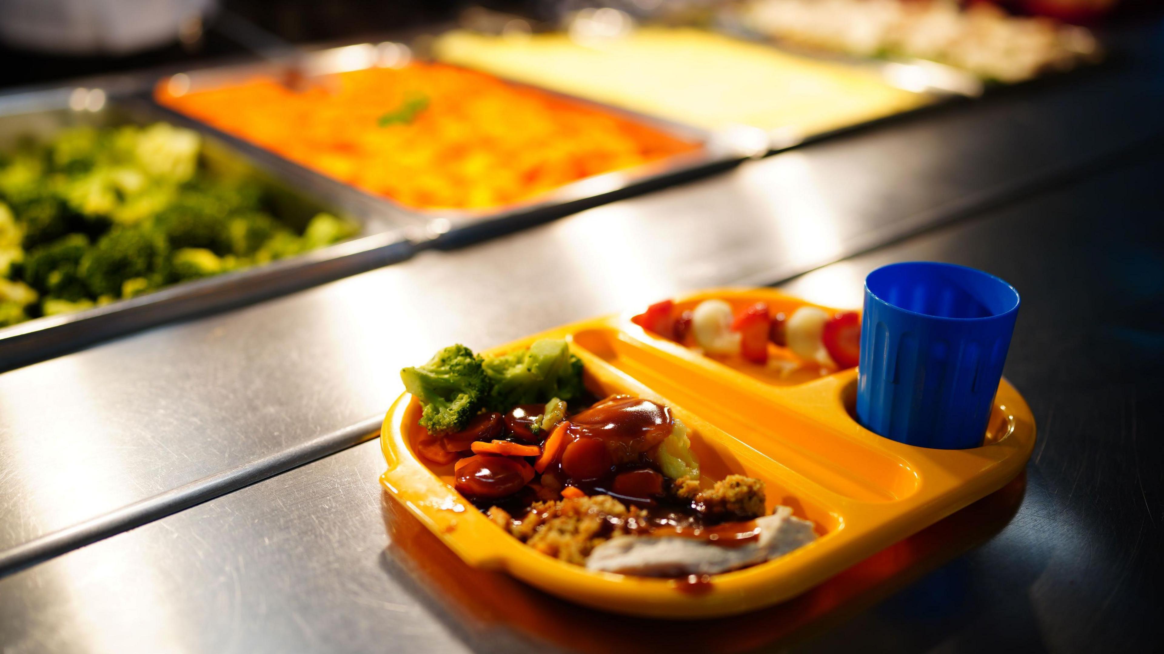 A school dinner, served on a school lunch tray.