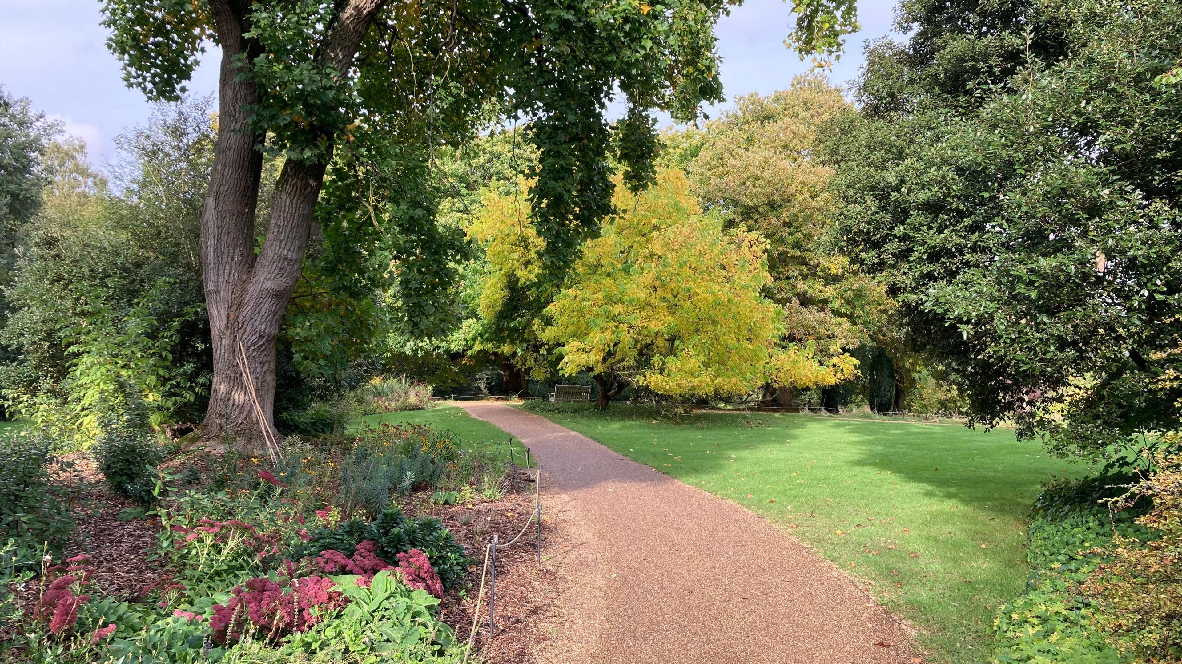 A path meanders through a park and is lined with bright green grass and trees, some of which has a hint of an autumnal yellow in their leaves. 