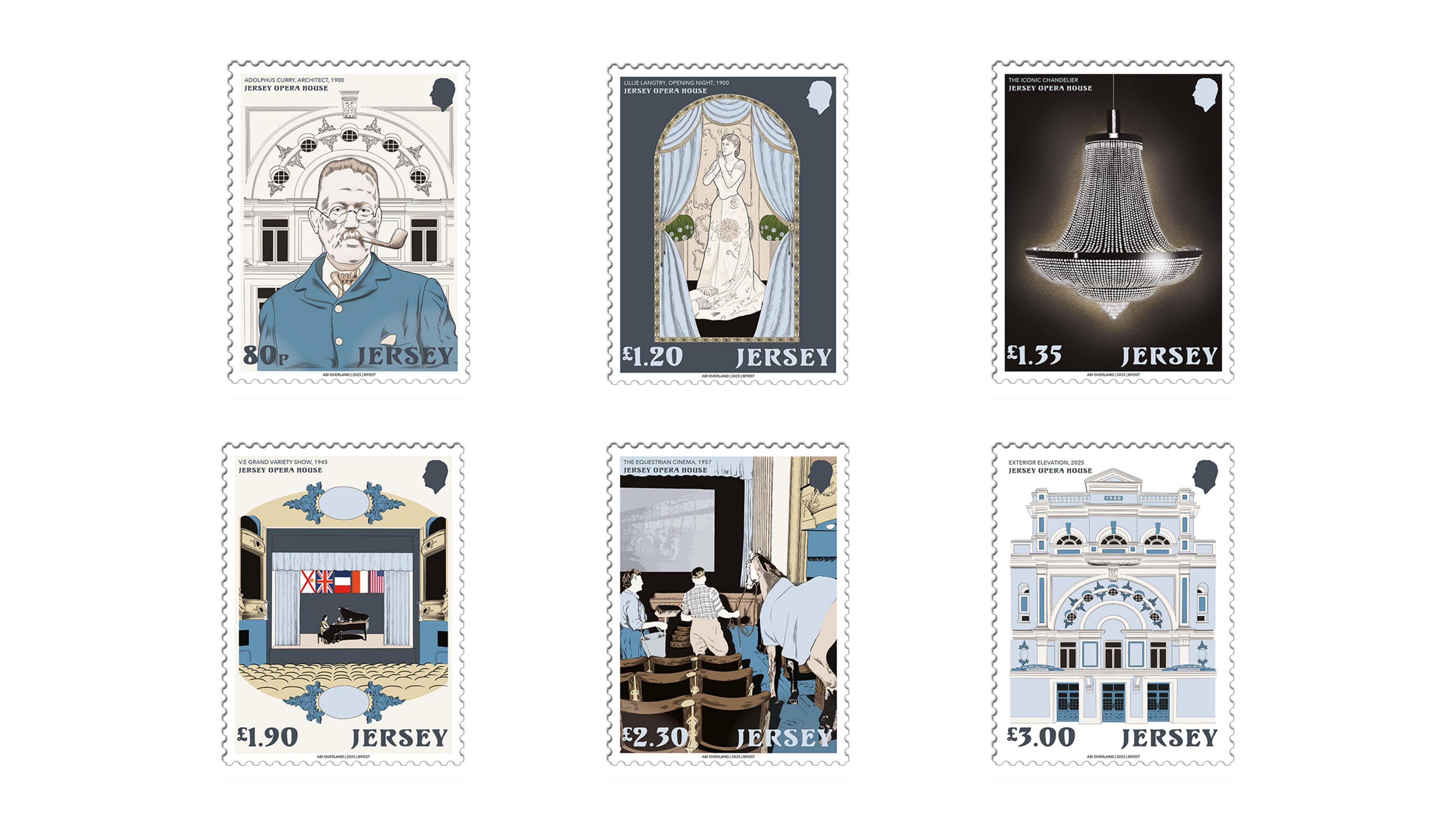A set of six stamps showing various illustrations of Jersey's Opera House. The first features a man with a pipe, the second is a woman behind stage curtains, the third is a chandelier, the fourth is a stage with a pianist, the fifth is a theatre with a horse and two men and the sixth is a drawing of the opera house exterior.