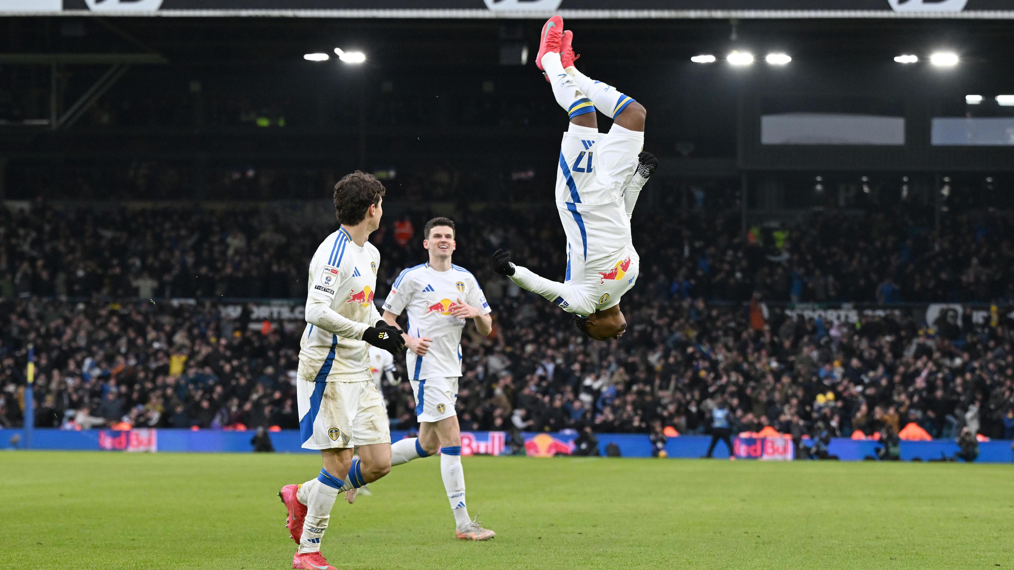 Largie Ramazani of Leeds United celebrates after scoring the team's second goal against Sheffield Wednesday