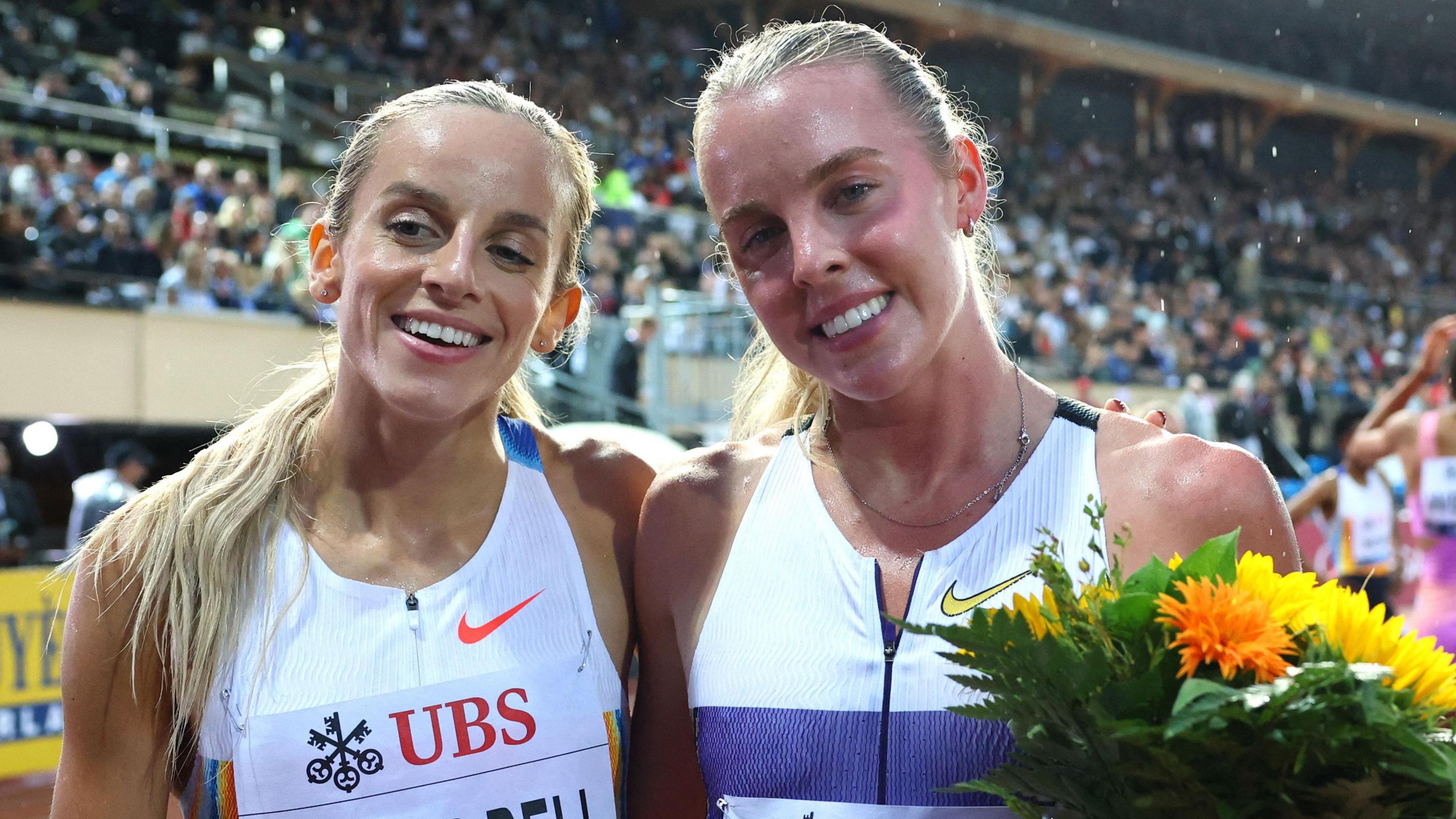 Great Britain's Keely Hodgkinson and Georgia Hunter Bell pose for a photo at the Lausanne Diamond League