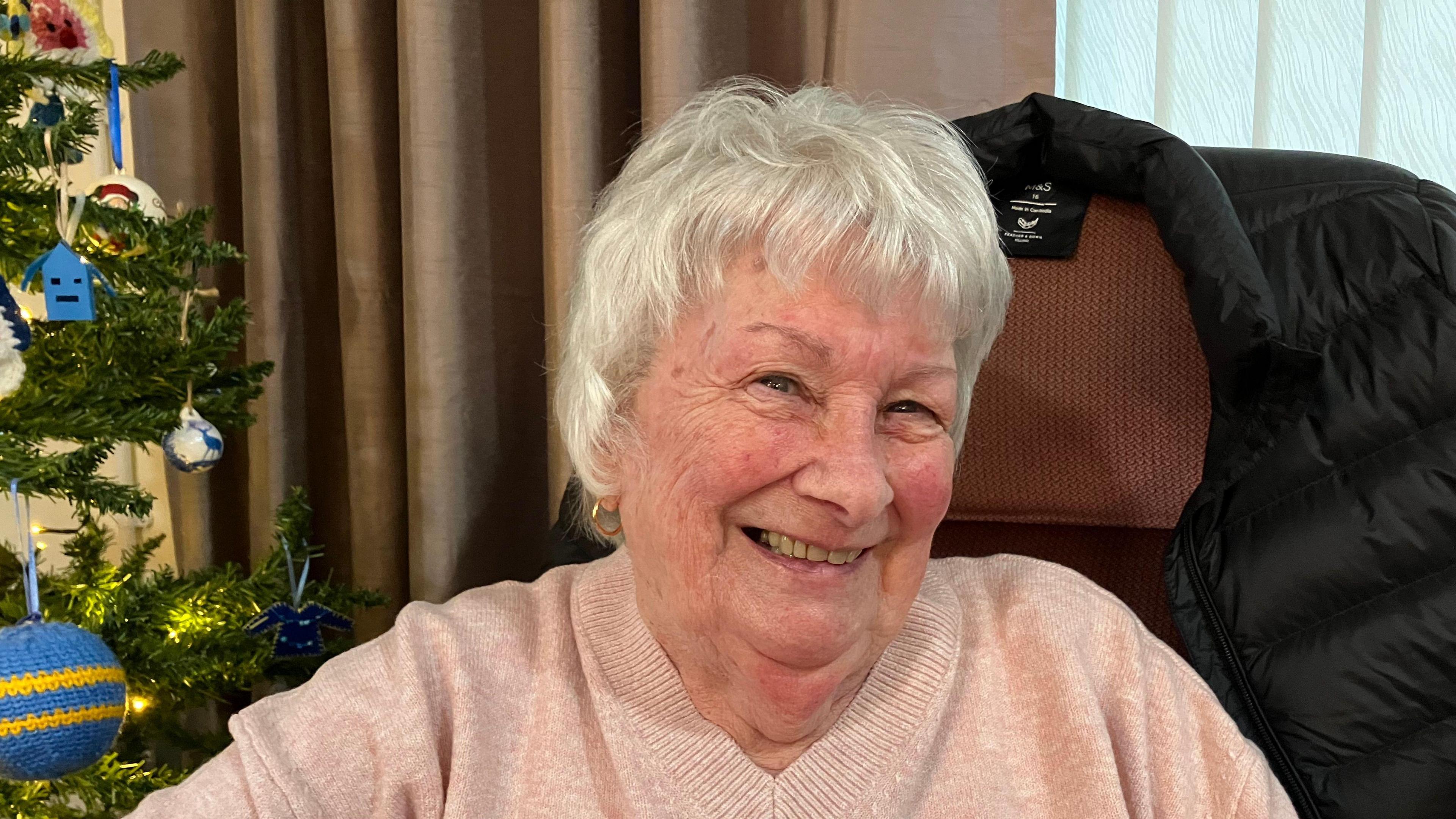 A head and shoulders picture of Joyce Britton from Rayleigh. She is wearing a pink v-neck jumper or cardigan. She has white hair. She is smiling. There is a Christmas tree to her right.