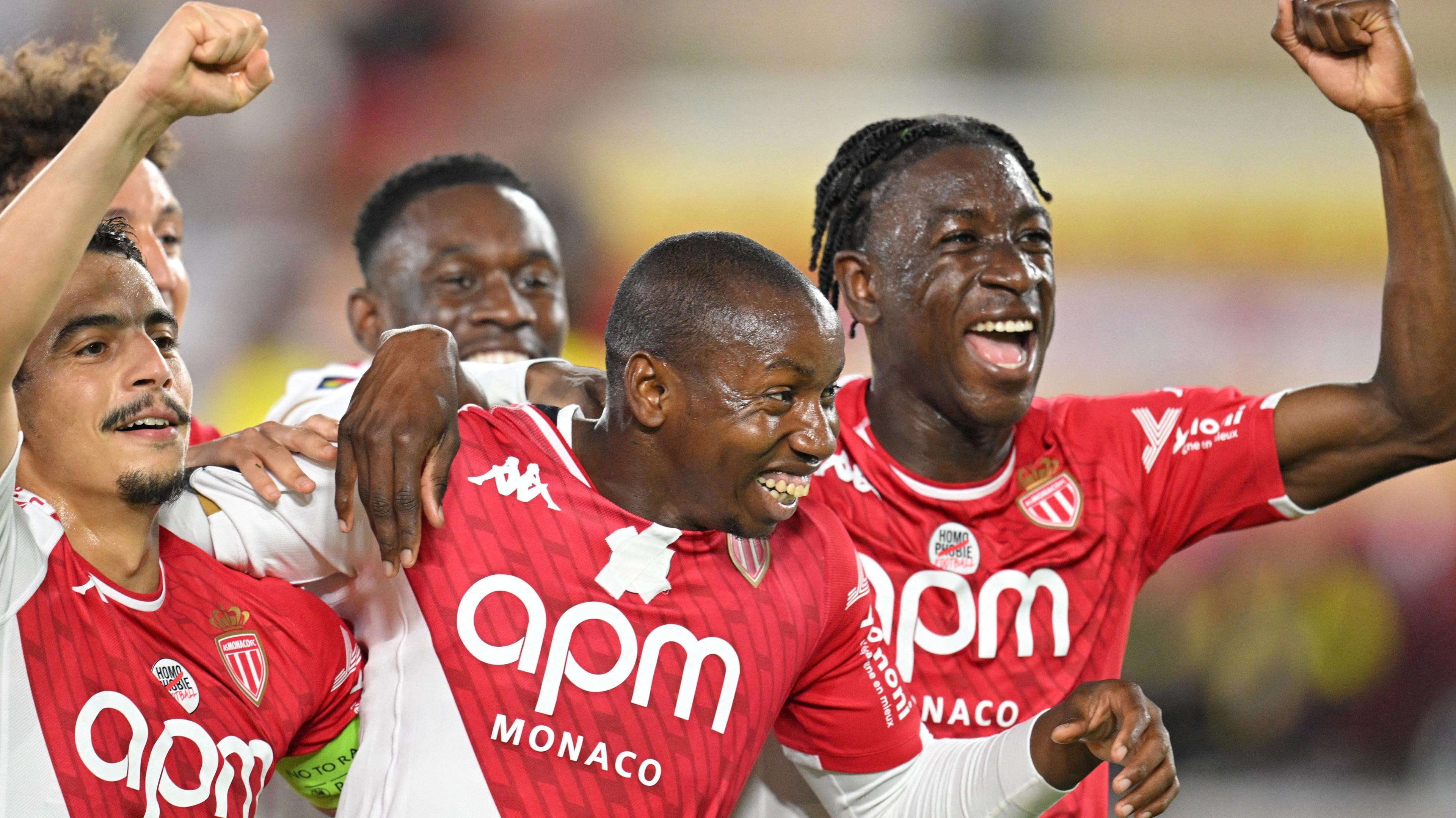 Monaco players celebrates a goal during a game against Nantes