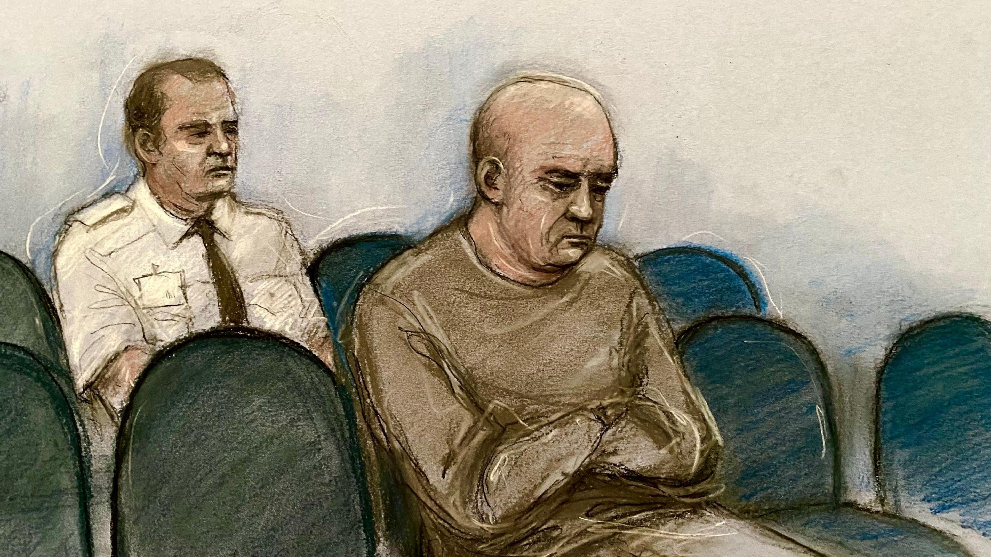 A court sketch of a man in a jumper and a bald head with a man in a white shirt and black tie sat behind him.