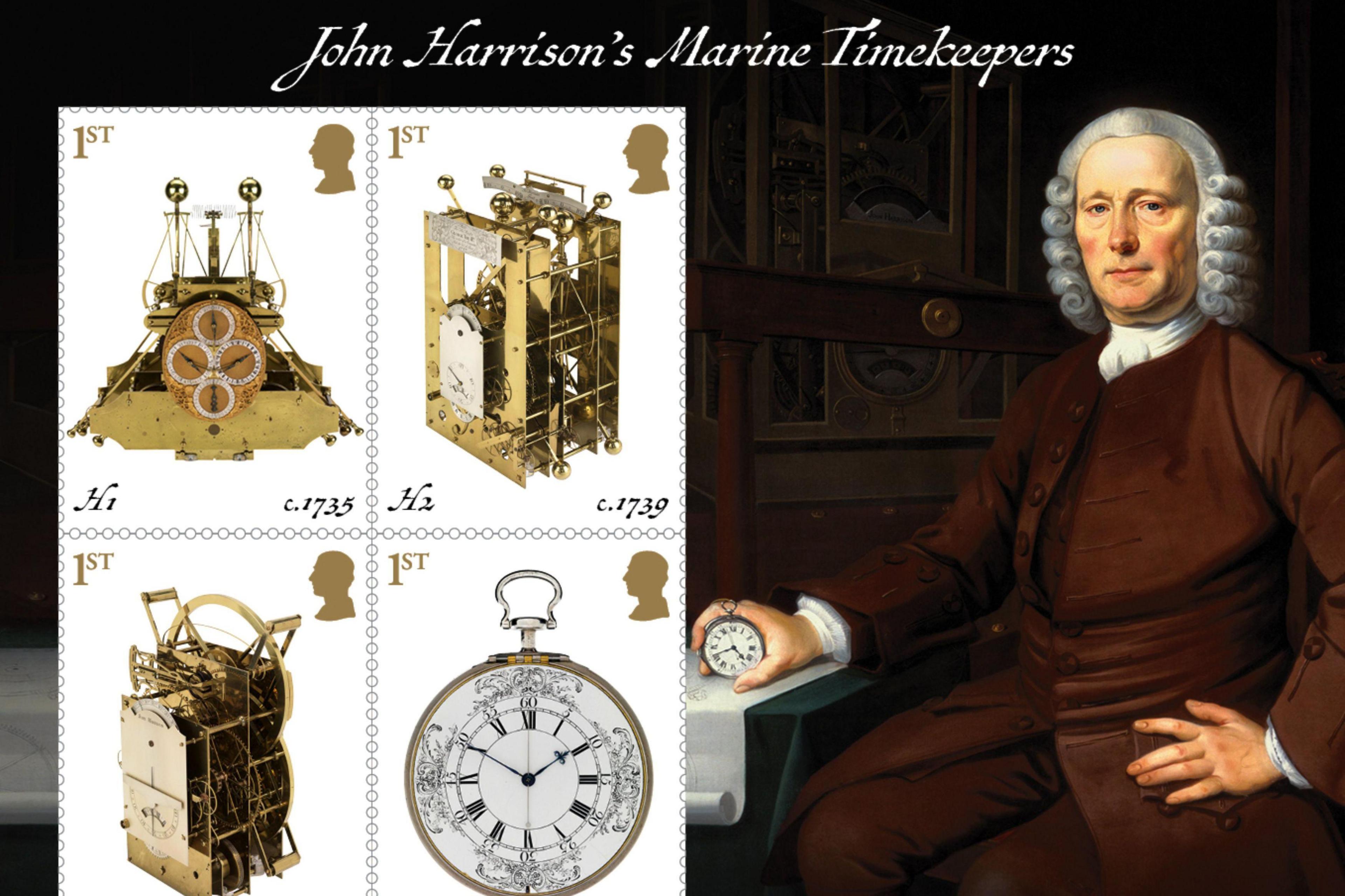 Painting of John Harrison, wearing a silver peruque and a brown suit. He grips a clock in one hand and the other rests on his thigh. On the left, all four of the timepieces are shown on a white background.