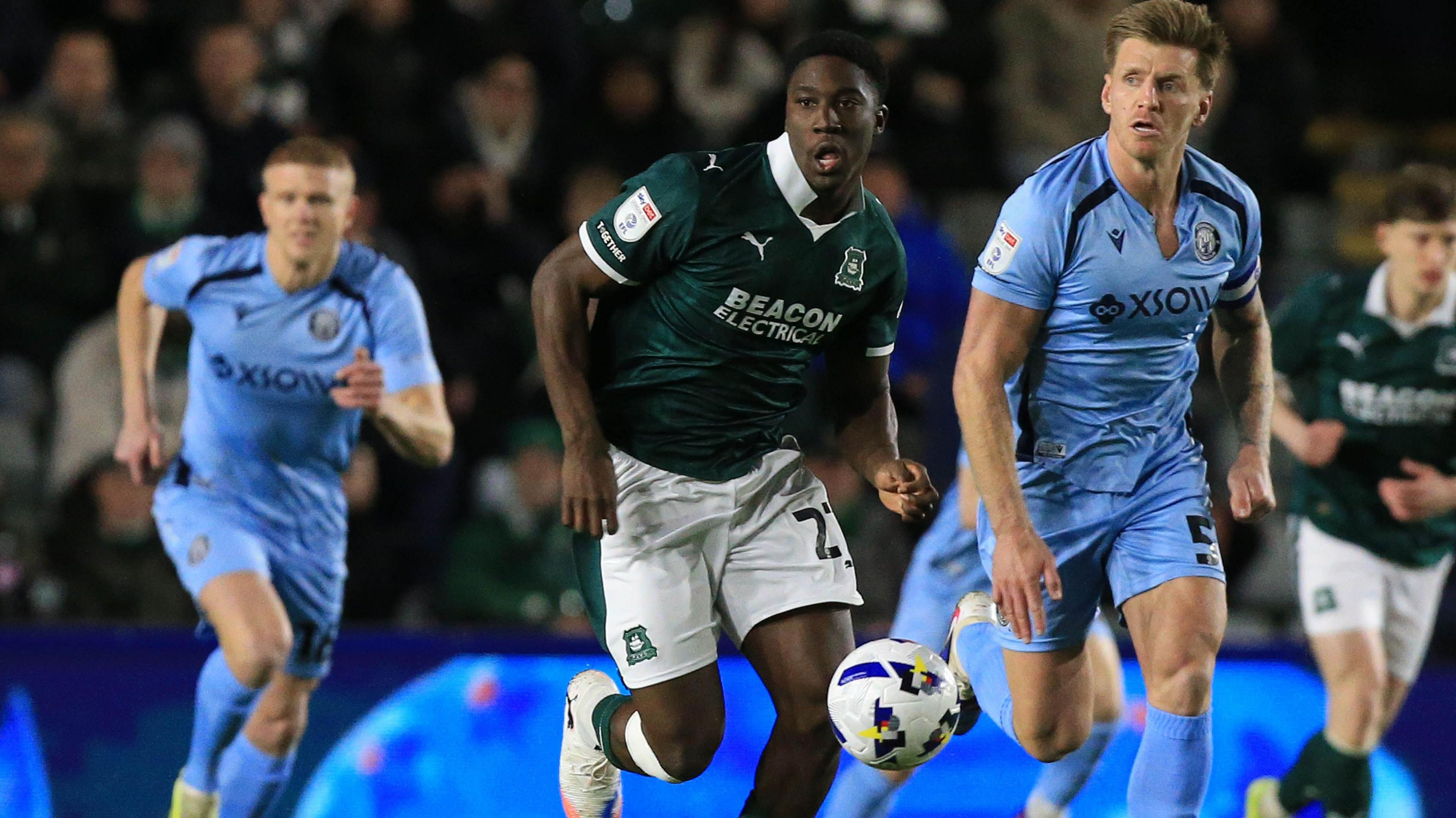 Bim Pepple dribbles the ball forward for Plymouth