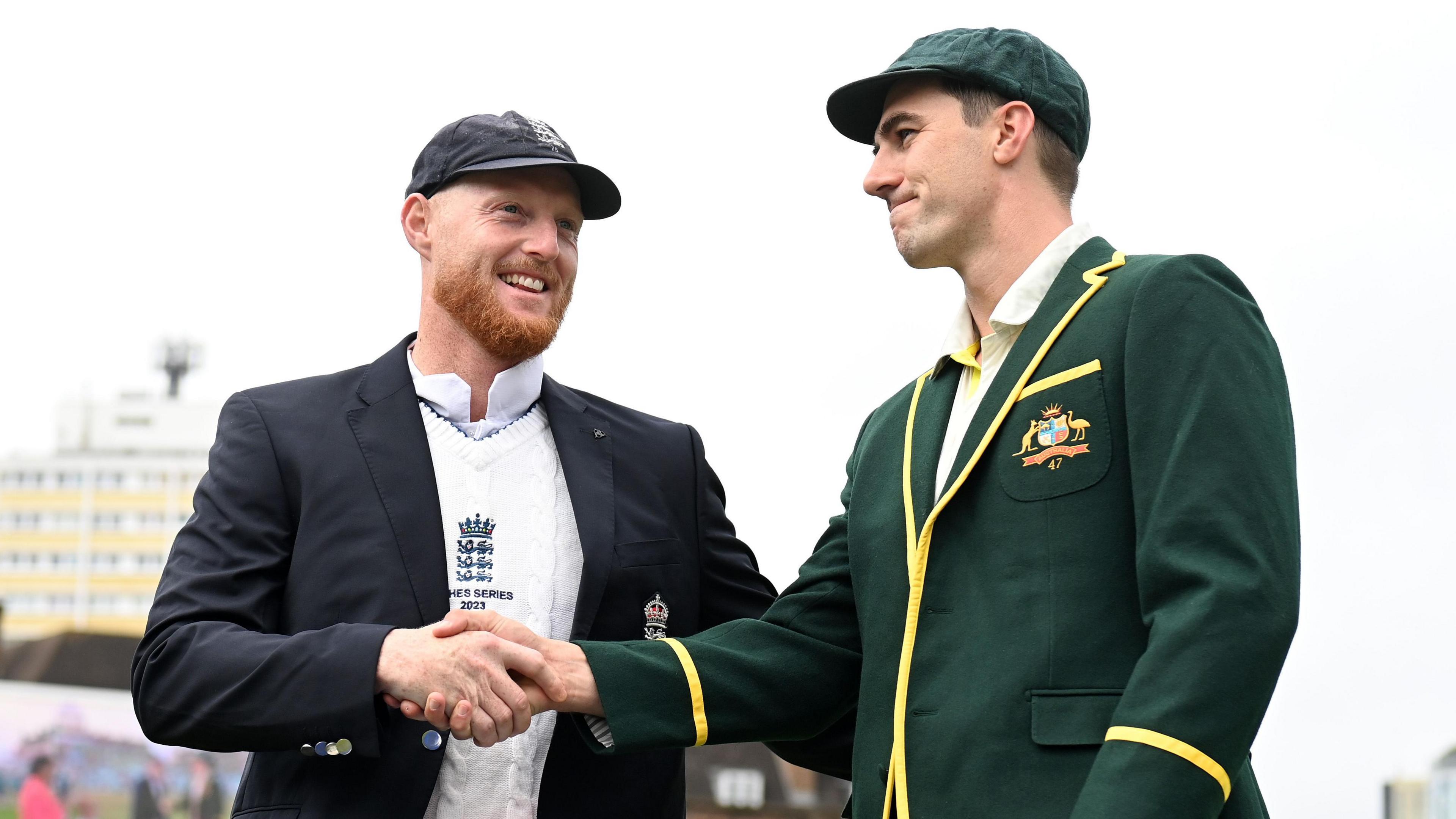 England's Ben Stokes and Australia's Pat Cummins shake hands