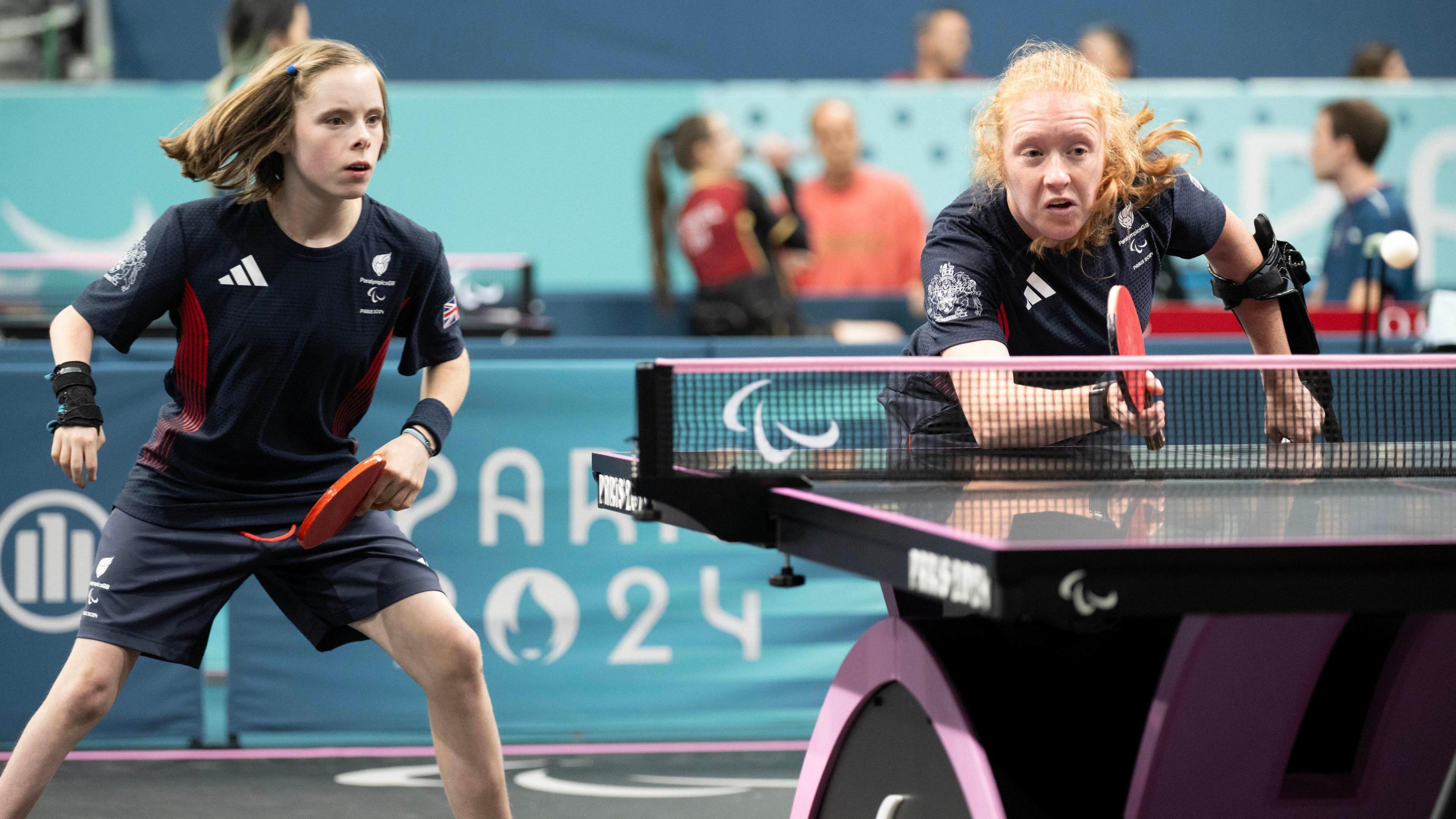 Felicity Pickard and Bly Twomey competing in the women's doubles WD14 event