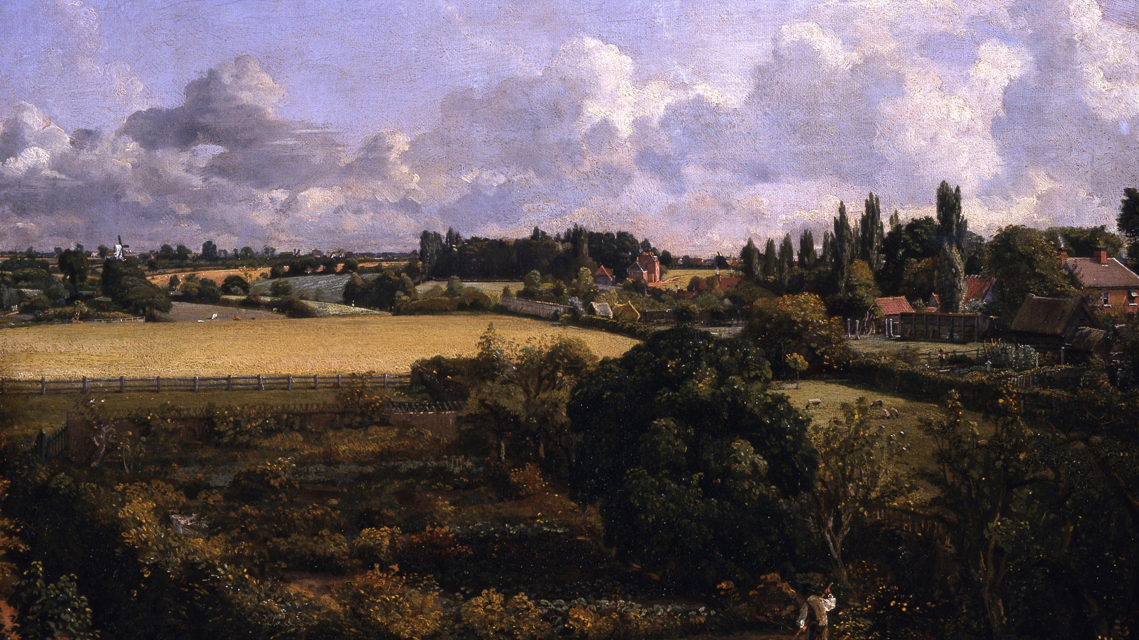 An oil painting by John Constable of a countryside. There are multiple green fields on the left of the painting, with houses and trees to the right.
