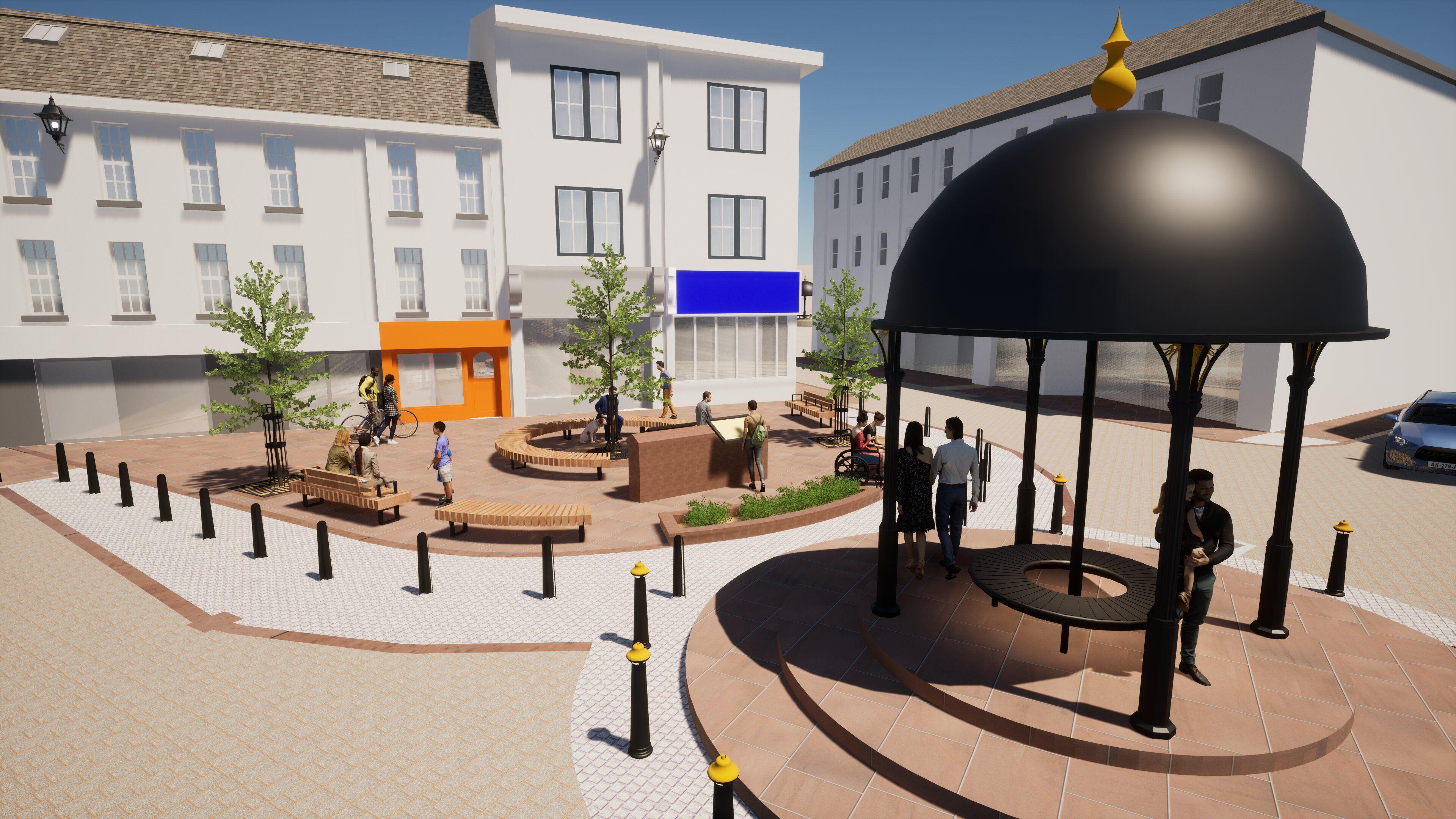 An artist's impression of what Market Place might look like after the work. Yellow and black bollards stand round two raised slabbed areas. One has four different shaped benches, a few small trees and some greenery in a planter, the other has a circular bench underneath a jet black dome held up by four pillars and a central column. A few people mill about on the slabbed areas and one person is looking at an information board - of the sort you'd get next to a zoo enclosure - which has been stuck to a randomly-placed section of wall in the middle of the square. The rest of the square is deserted except for, half out of shot to the right, a lurking silver car with blacked out windows.