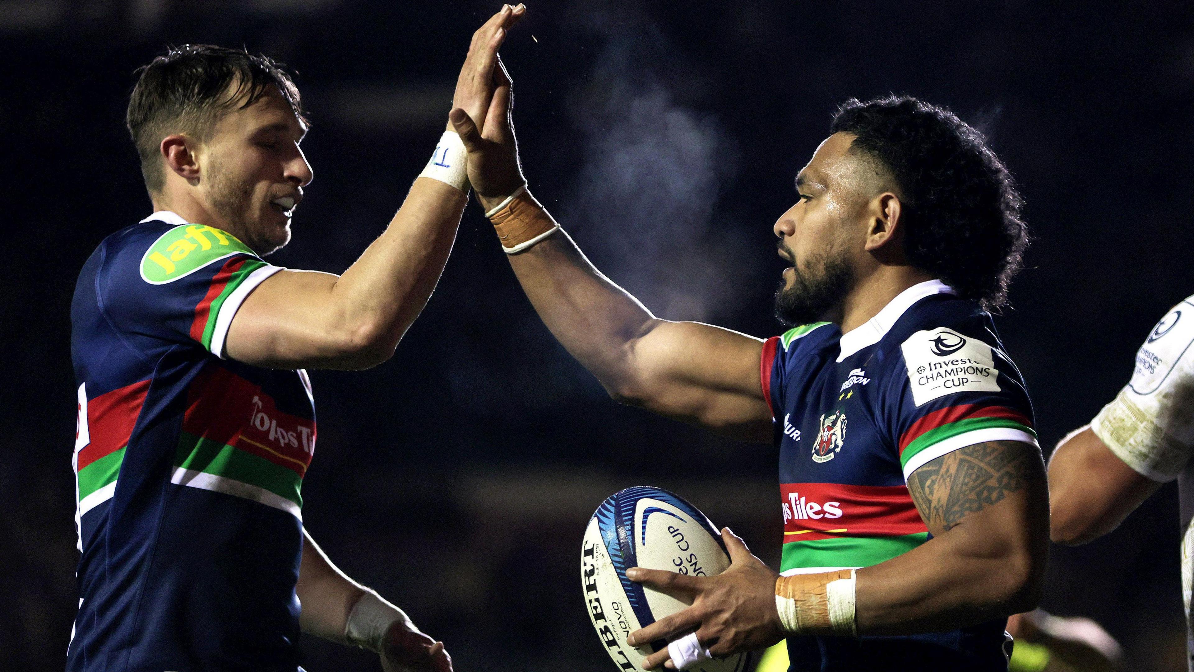 Leicester Tigers' Solomone Kata celebrates scoring a try with Josh Bassett