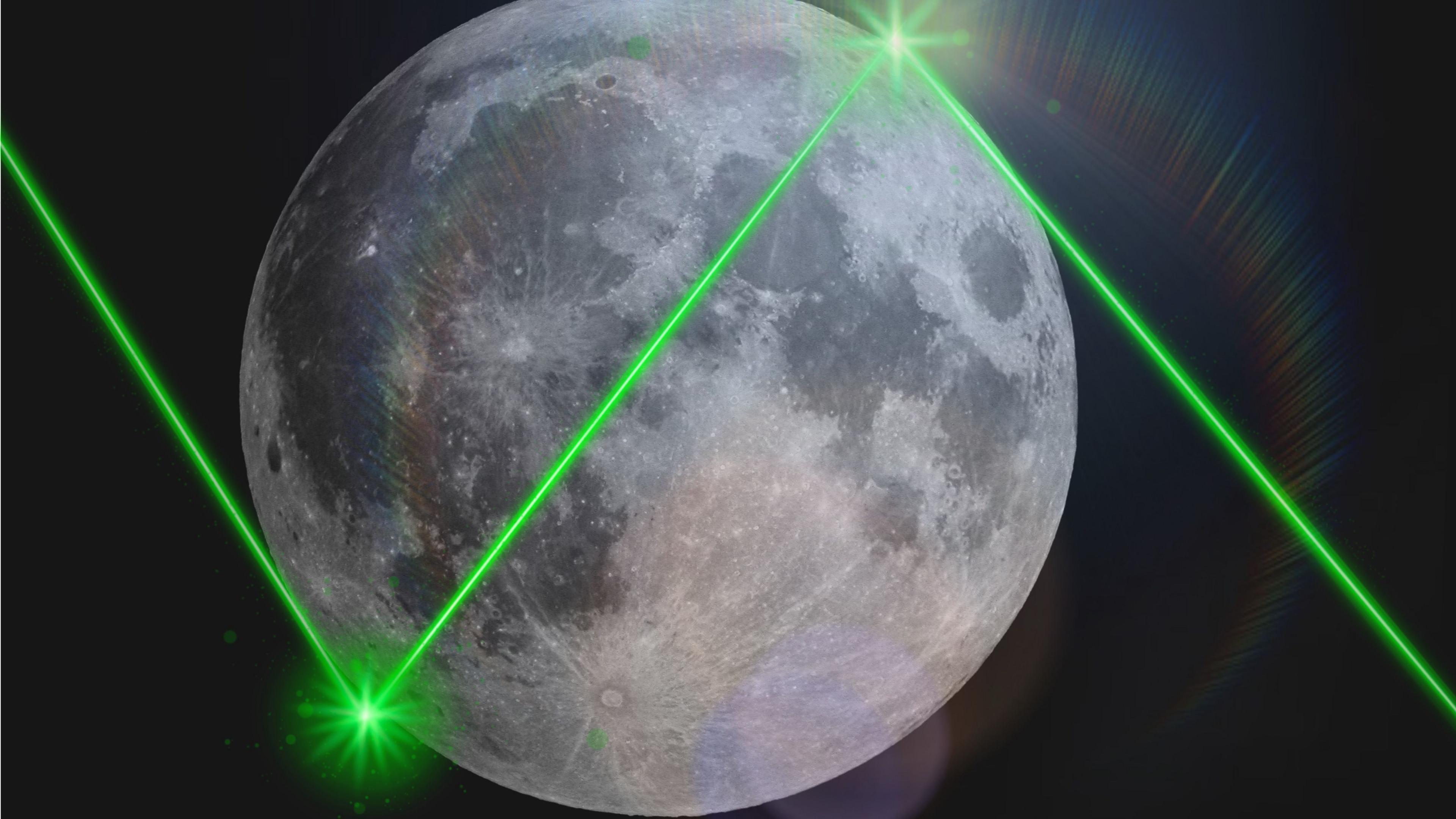 The Moon with a green laser bouncing over it in a zig-zag pattern. 