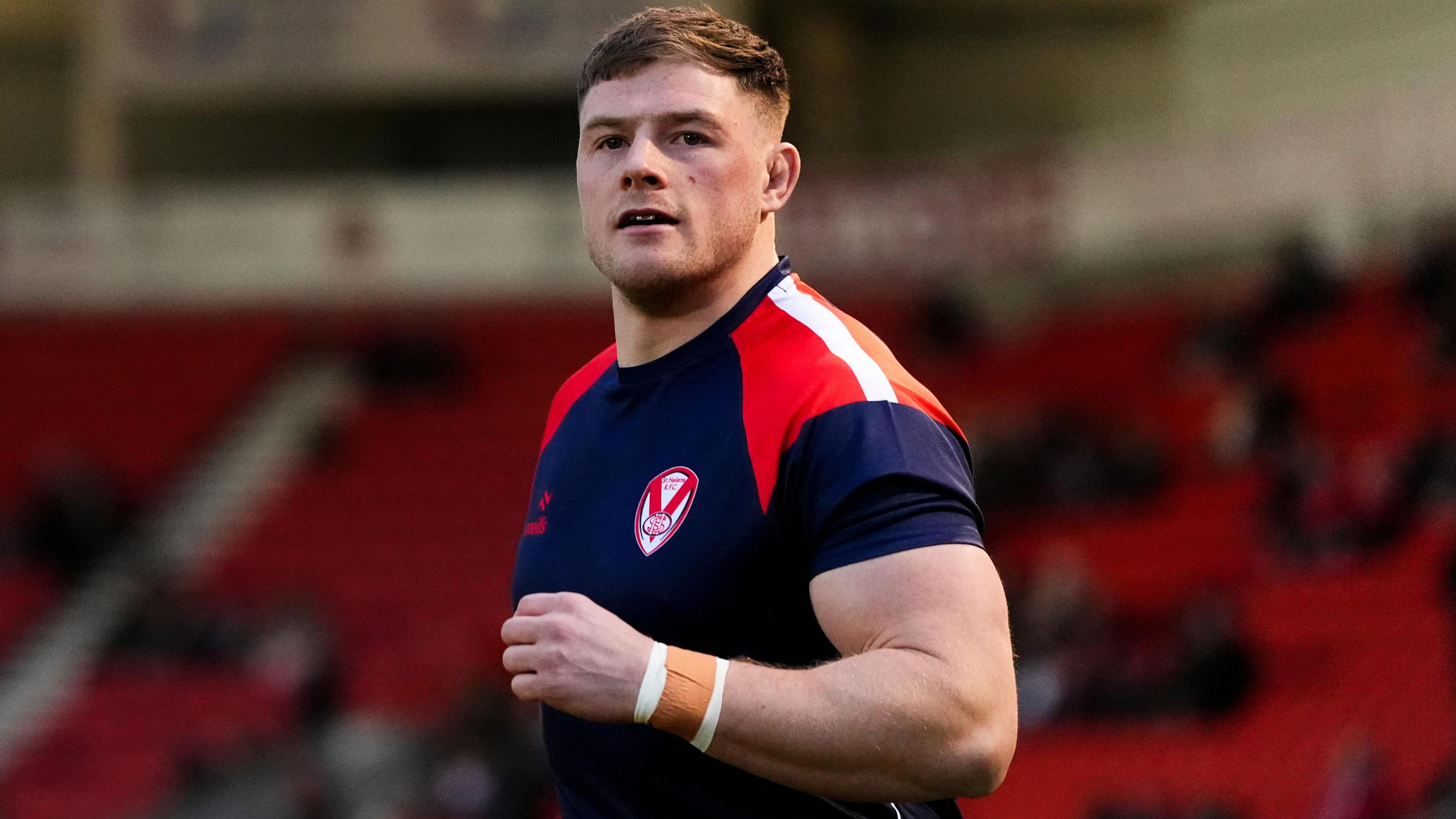 St Helens forward Morgan Knowles during the warm-up for a 2025 Super League game