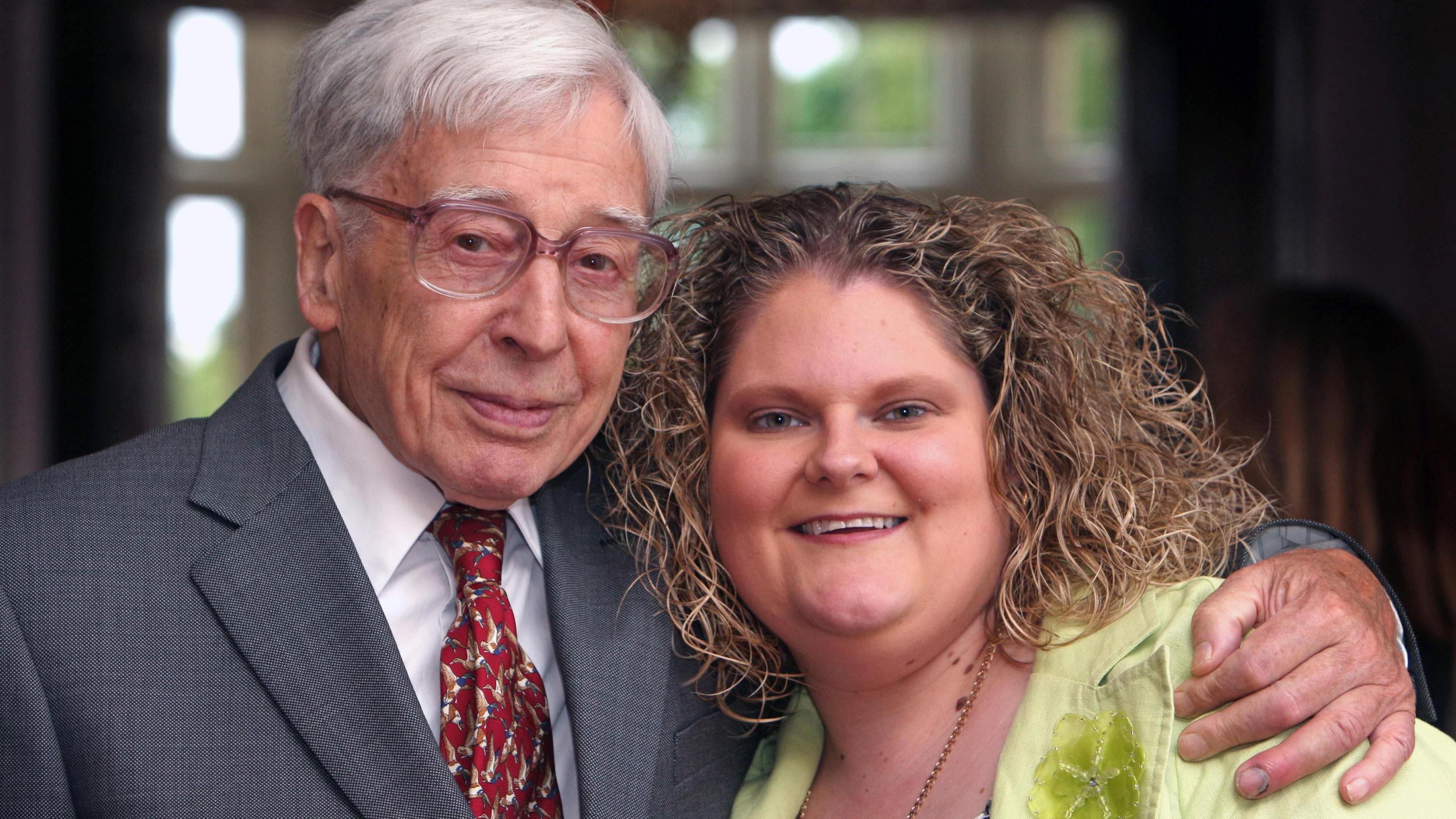 Professor Robert Edwards hugging Louise Brown in 2008