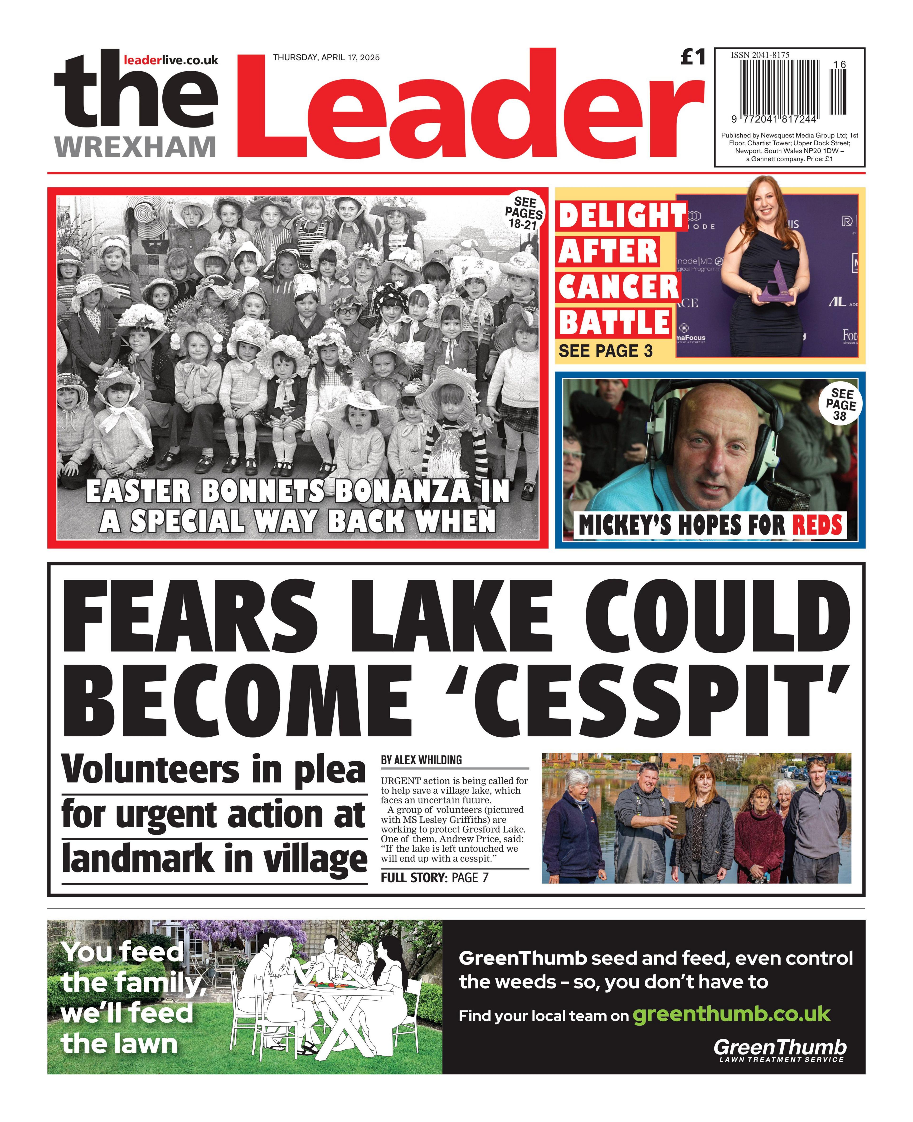 Front page of the Wrexham Leader. Main headline reads: Fears lake could become 'cesspit'. 