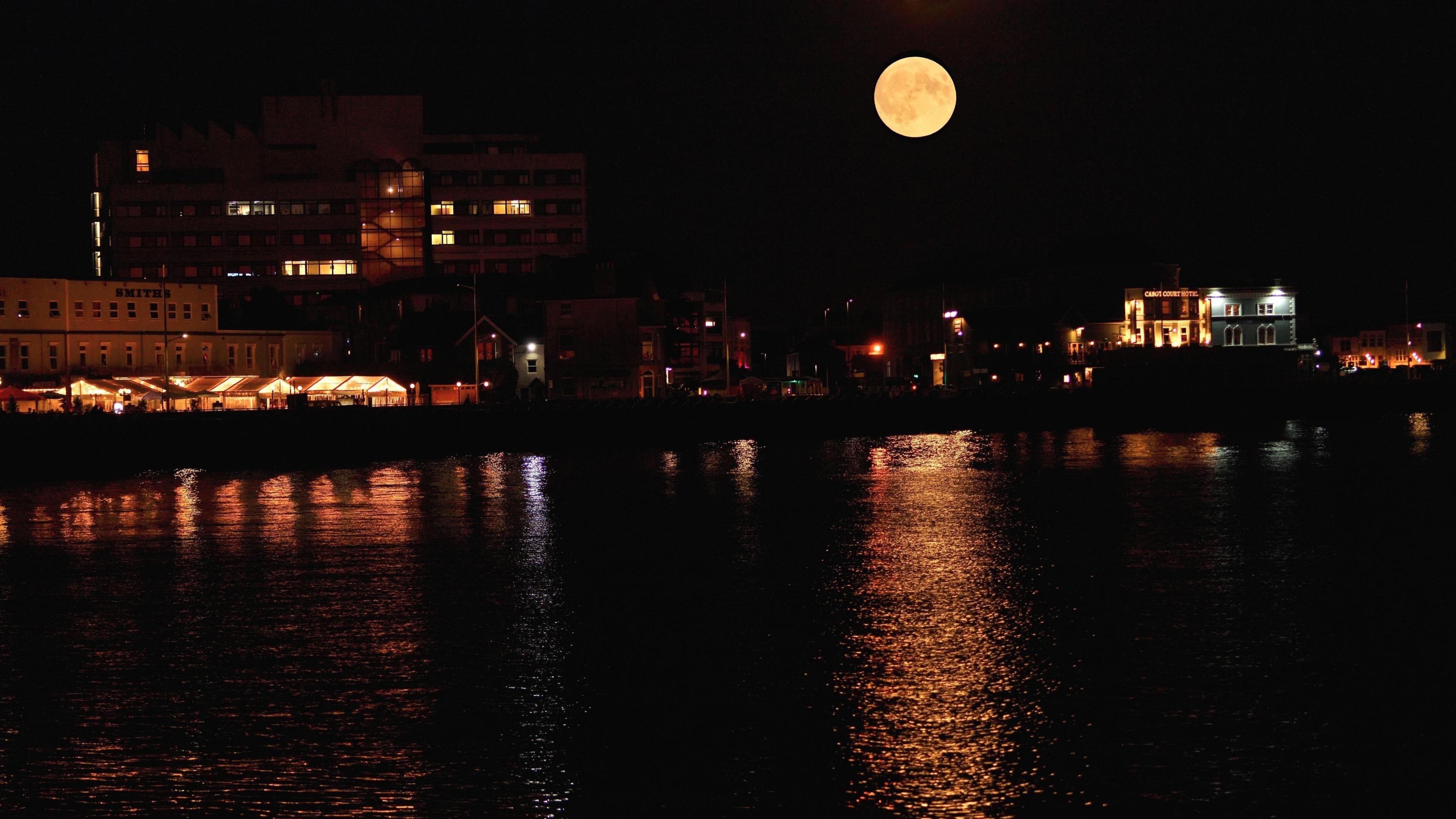 Supermoon shines over the water at Weston-super-Mare, north Somerset.