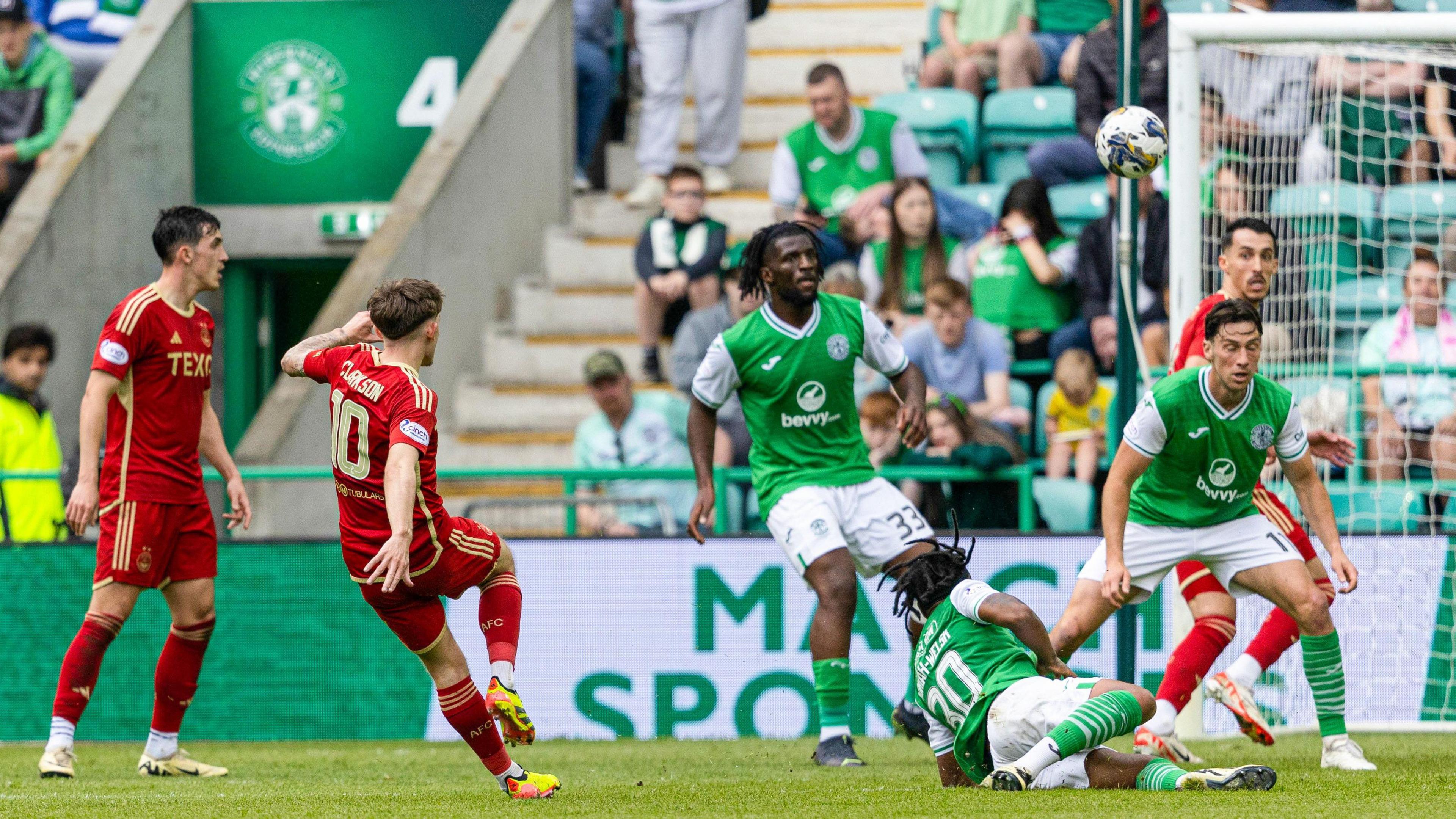 Leighton Clarkson scores for Aberdeen against Hibernian in May, 2024