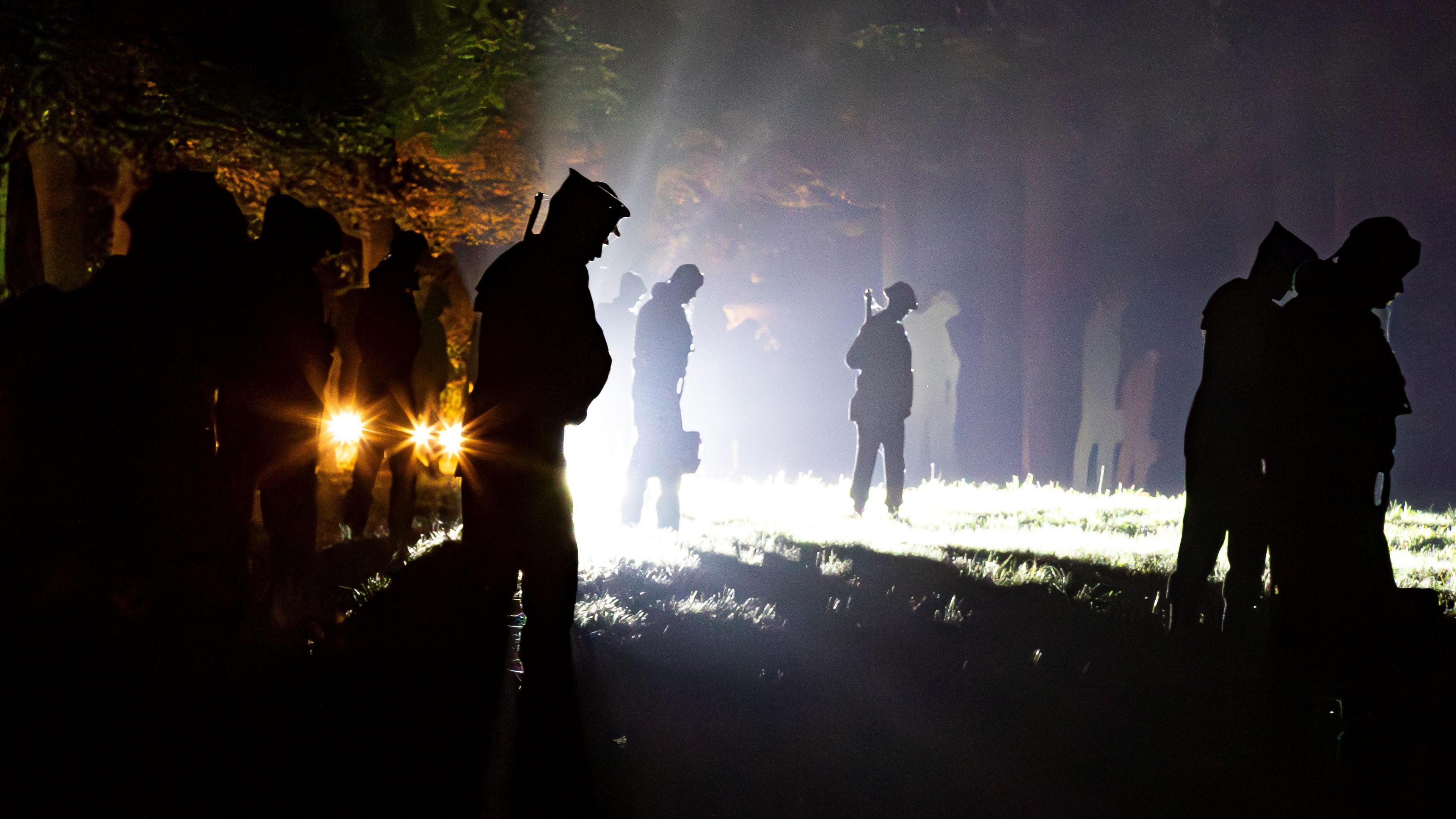 A large number of silhouettes of servicemen in a garden, lit at night time. The silhouettes are black.