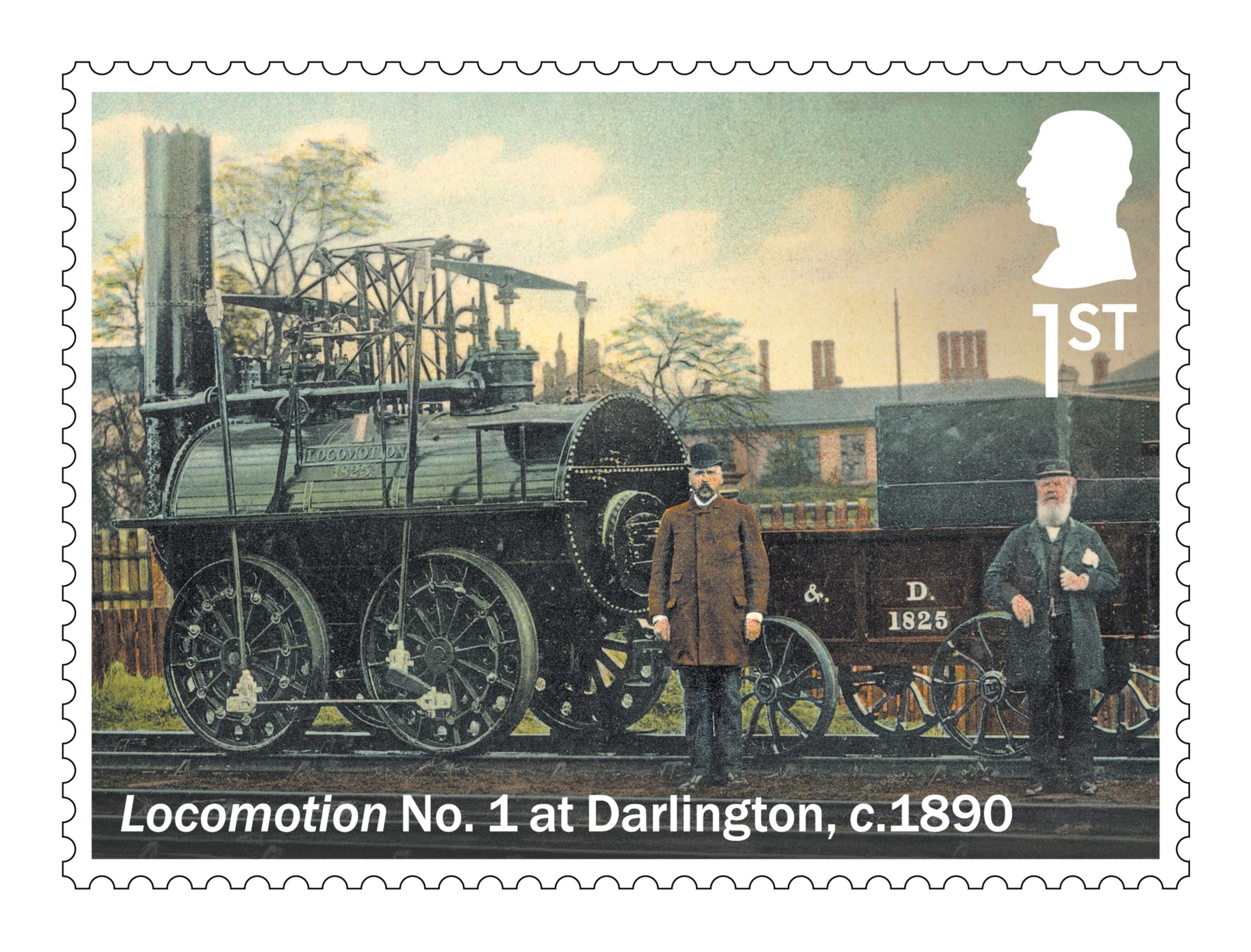 Historic image of Locomotion No. 1 at Darlington circa 1890, one of a set of four stamps
