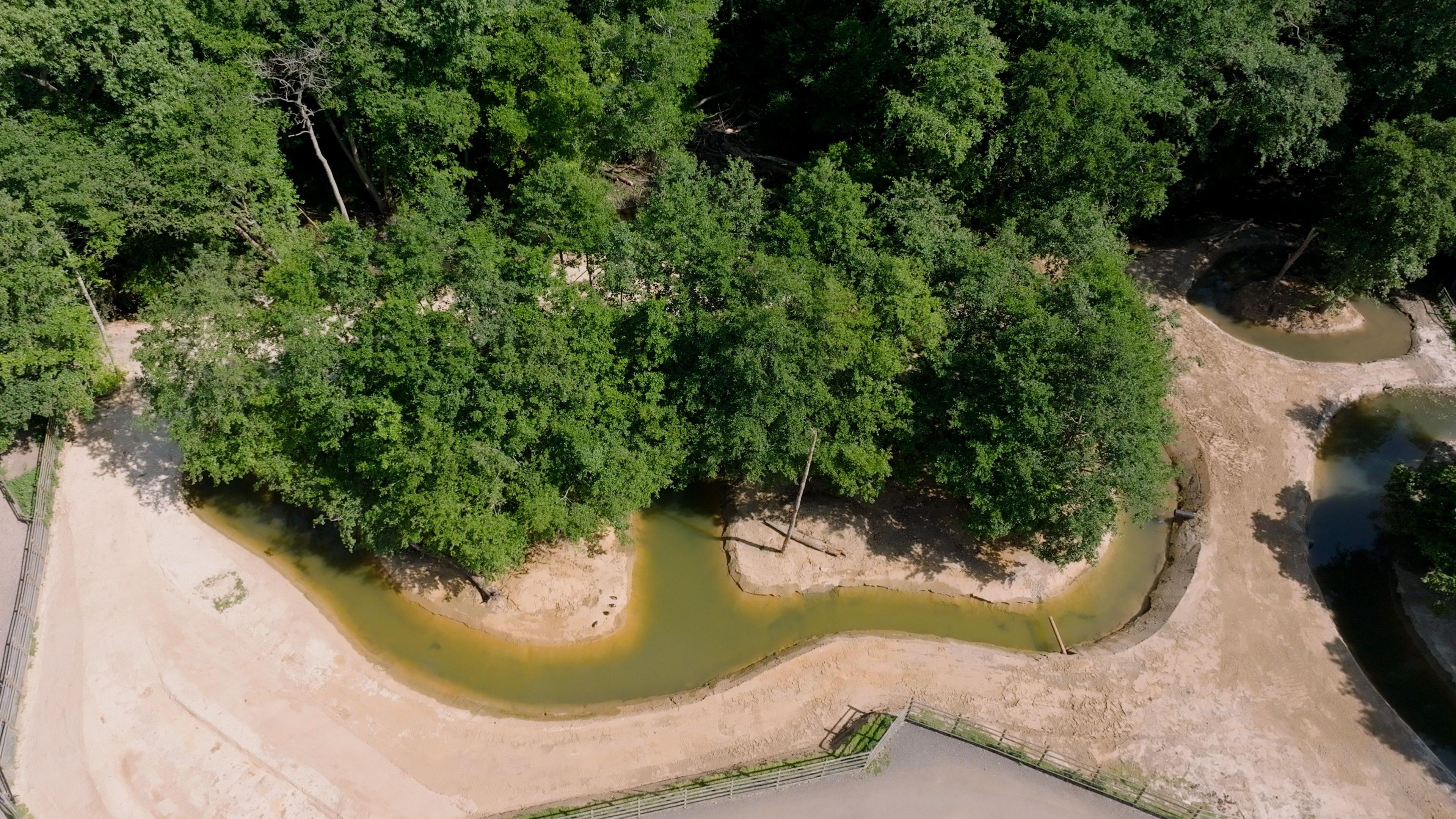 A drone image of a reserve at a wildlife park. There are islands surrounded by a stream of water. There are large trees on the islands.