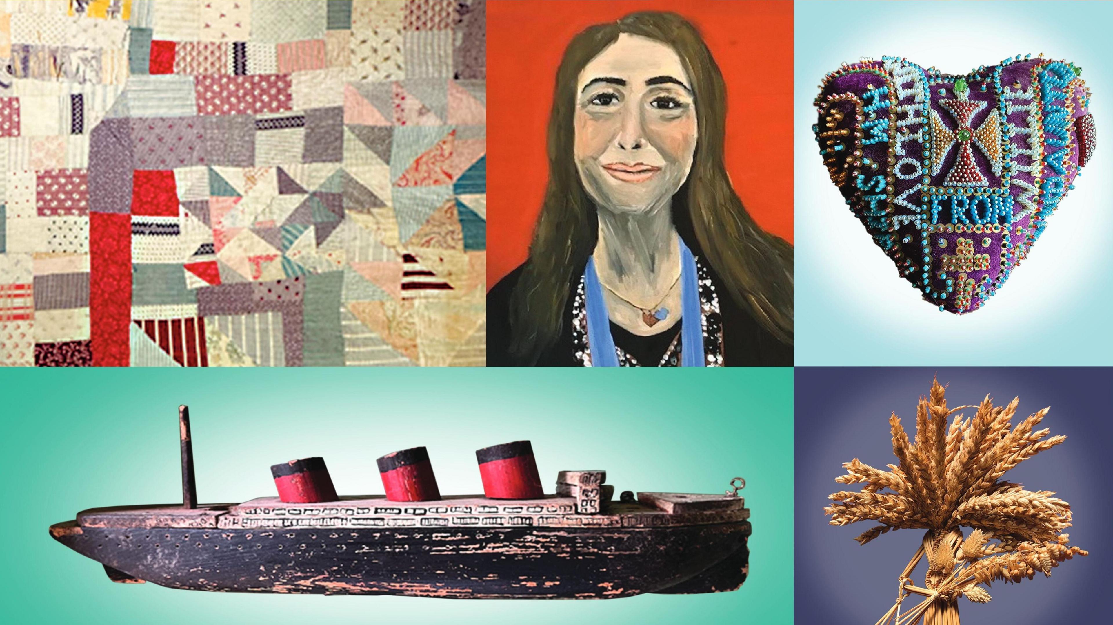 A selection of pictures in one showing a quilt, painting of a woman, large decorative handmade pin cushion, straw doll and wooden boat.