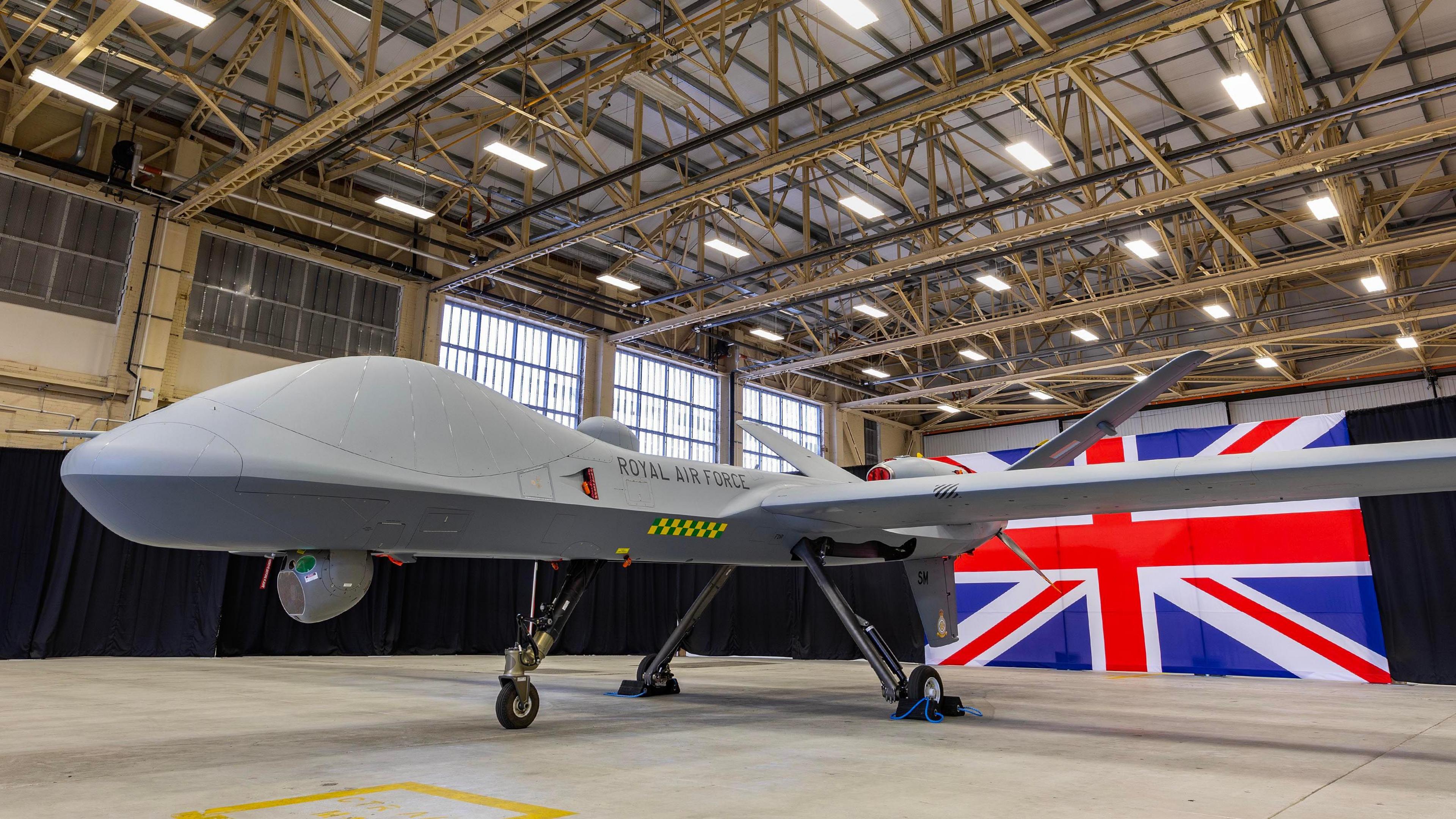 Picture of the Protector, a remotely operated aircraft in a hanger at RAF Warrington