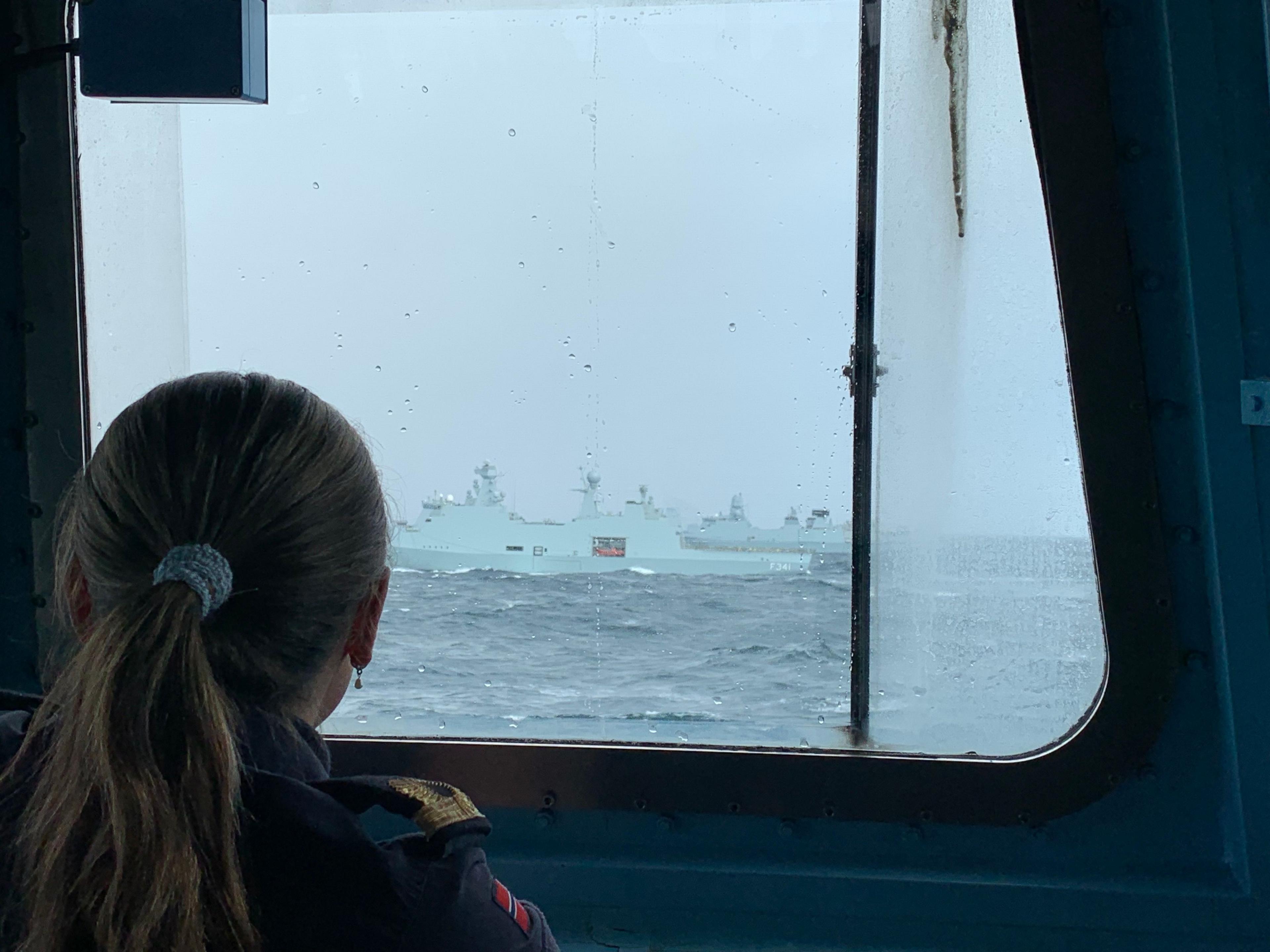 Conscripts watch other NATO warships from on board the Norwegian frigate Otto Sverdrup