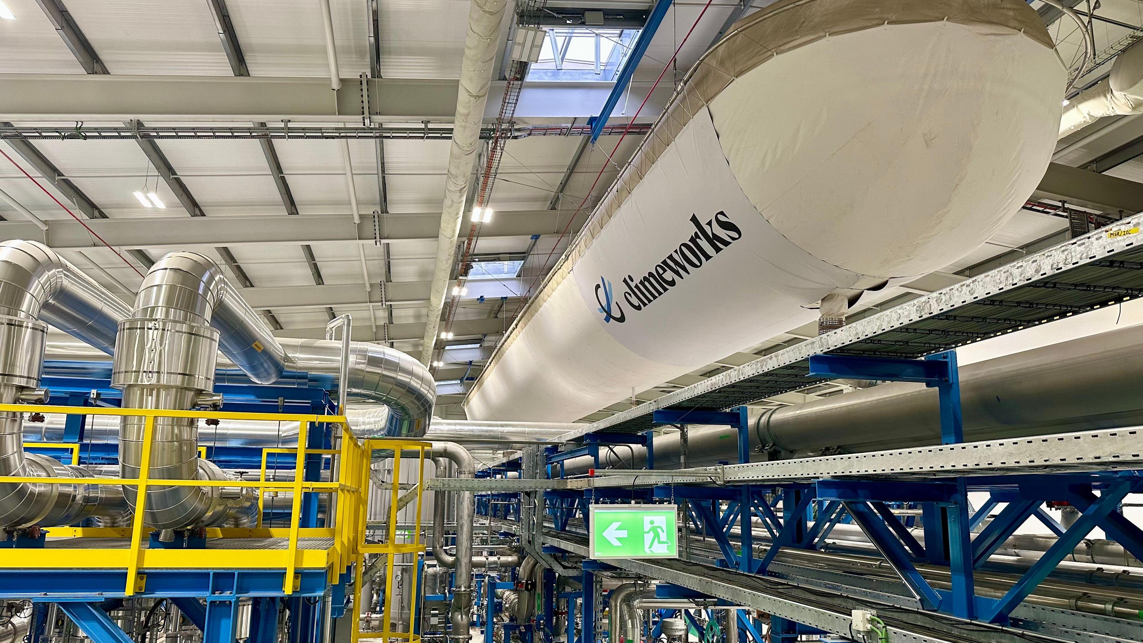 Pipe work and the large balloon holding CO2 inside the carbon capture facility