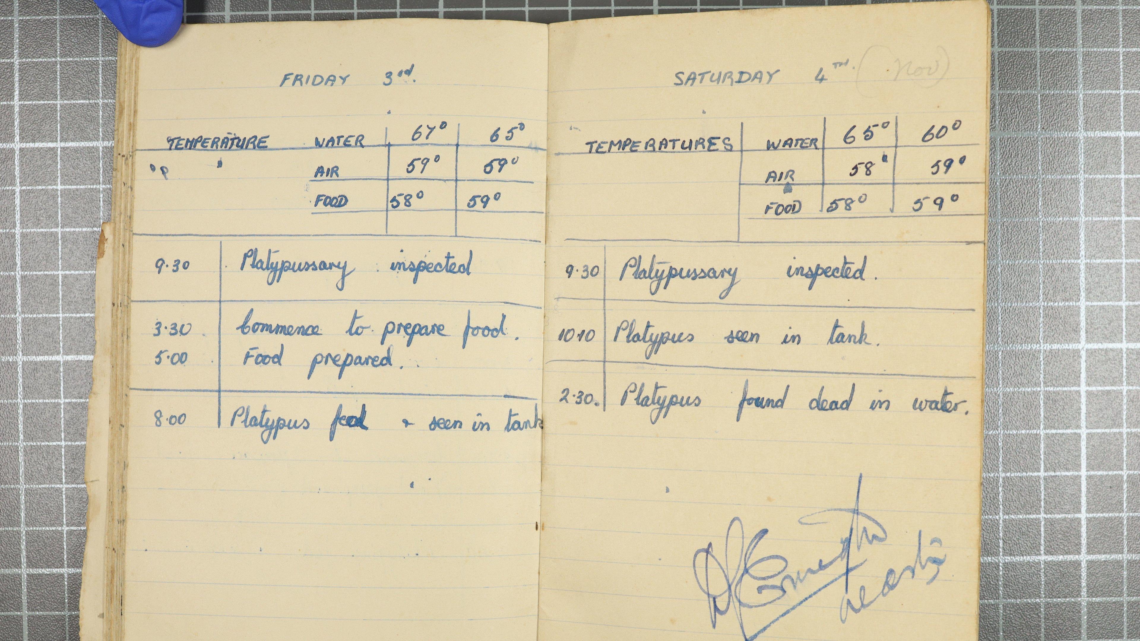 The platypus attendant's log book.