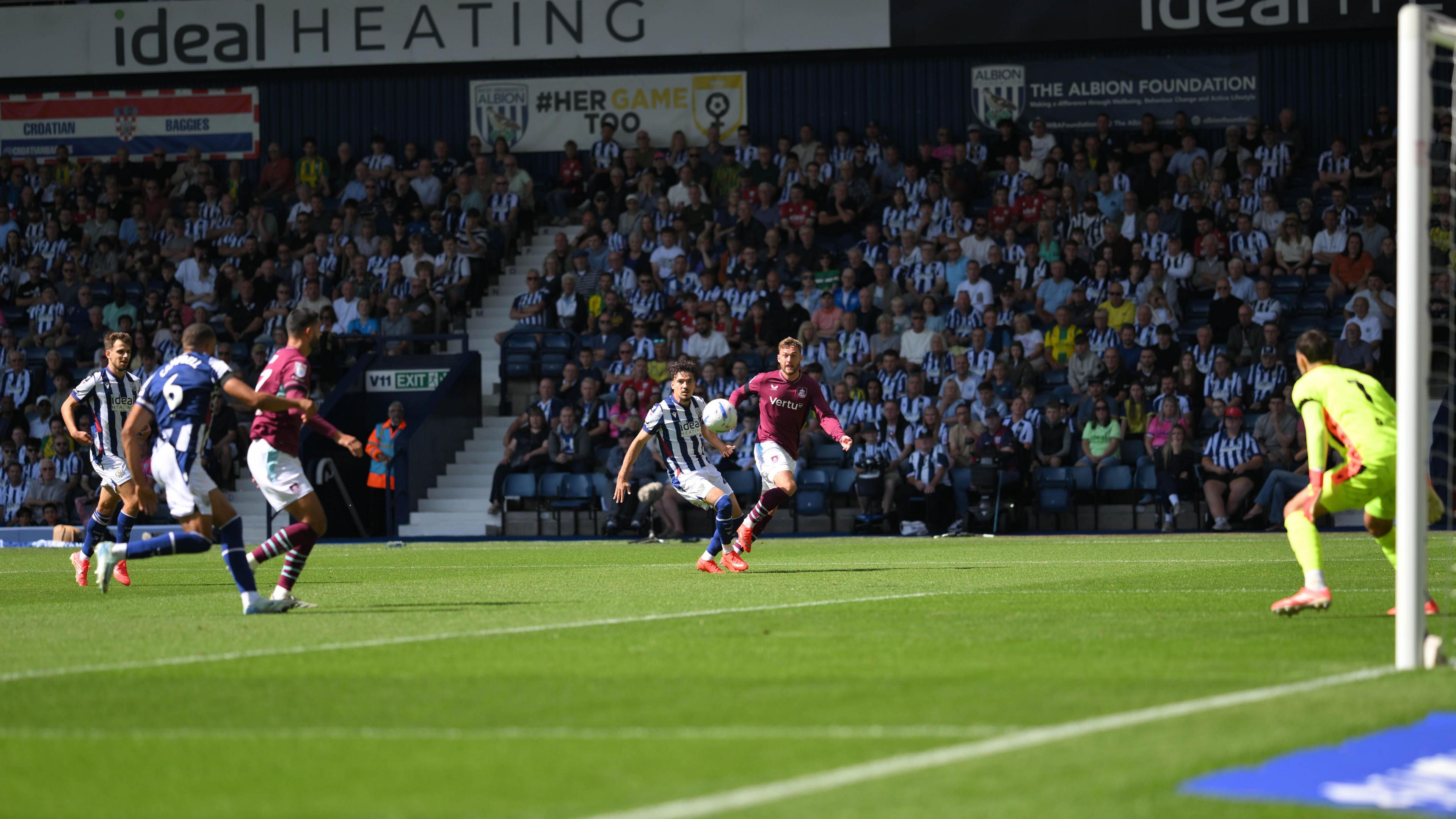 Bruun Larsen's left-flank delivery on its way to being met by Albion defender Calum Styles, whose own goal broke rhe deadlock against Burnley at The Hawthorns
