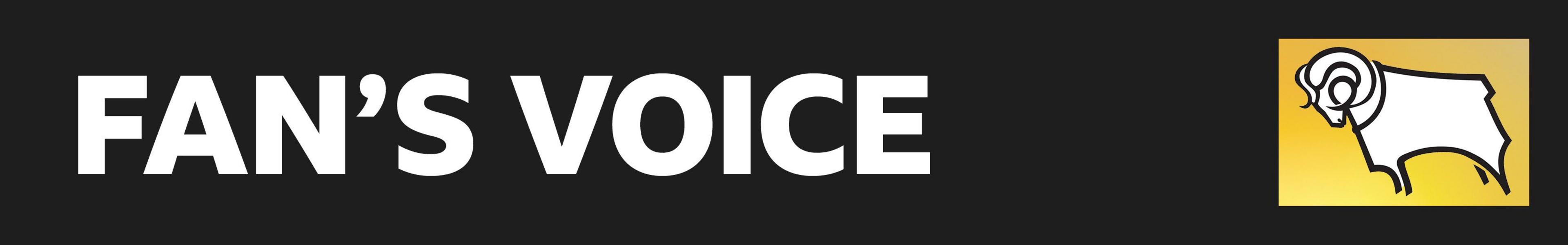 Derby fan's voice banner on a black background with a white ram at the end of it on top of a yellow square