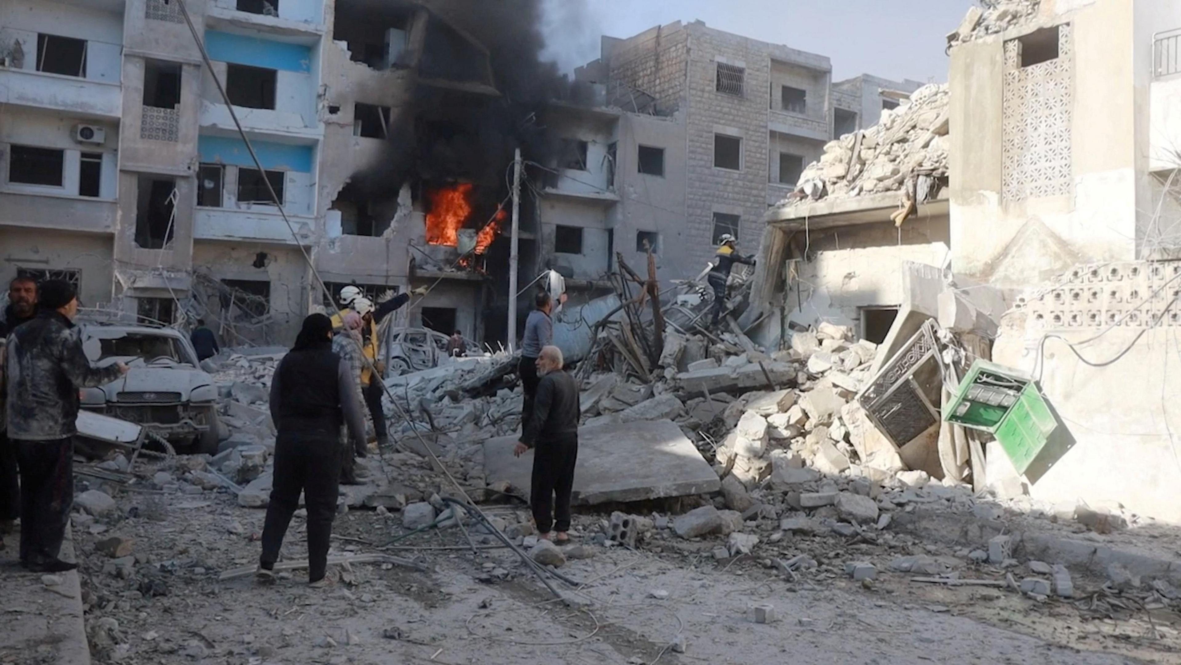 Screengrab of video supplied by first responders from the Syria Civil Defence, known as the White Helmets, showing the aftermath of an air strike on the rebel-held city of Idlib, Syria (2 December 2024)