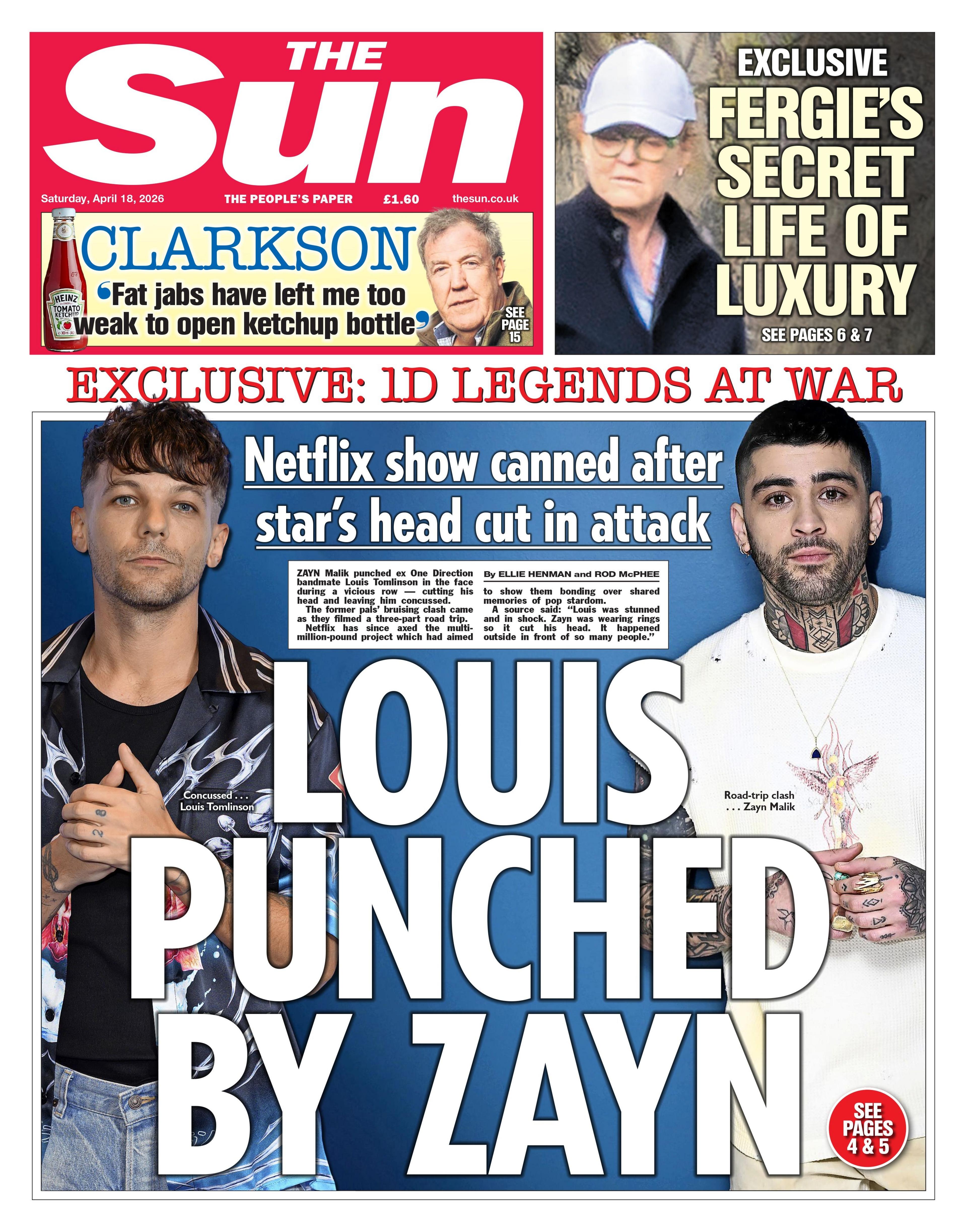 Titulli në faqen e parë të gazetës The Sun thotë: "Louis u godit me grusht nga Zayn".