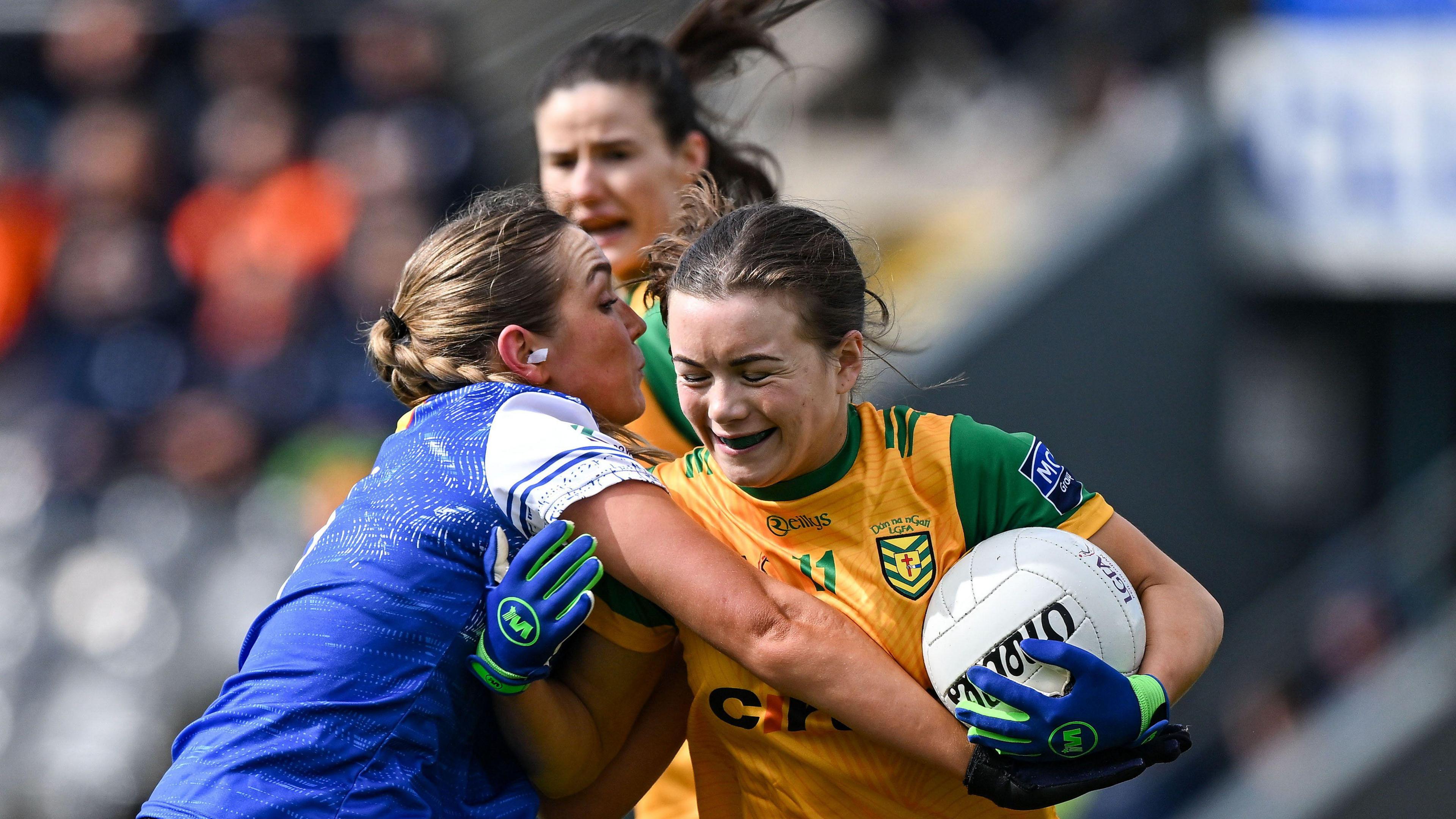 Katie Dowds of Donegal in action against Christina Charters of Cavan