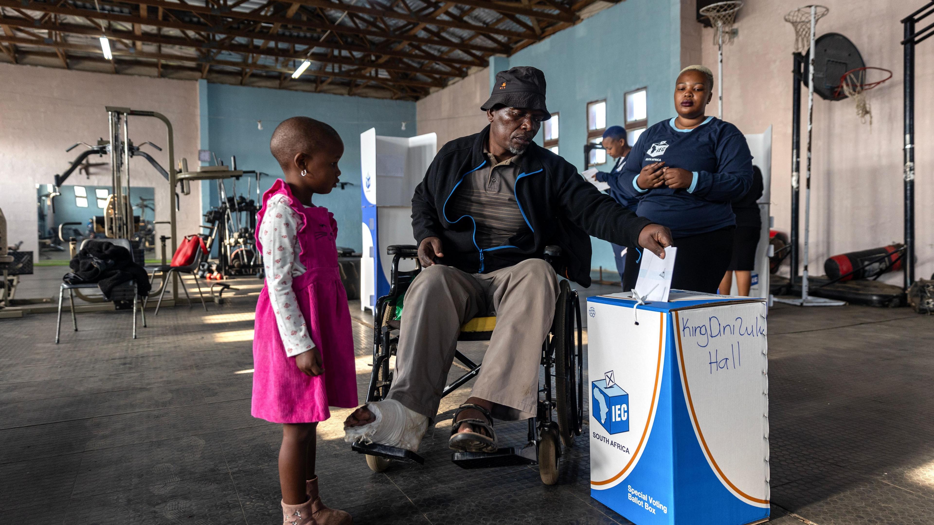 A wheelchair user casts his vote at a voting station during the South African general election in Eshowe, northern KwaZulu-Natal province, South Africa, 29 May 2024.