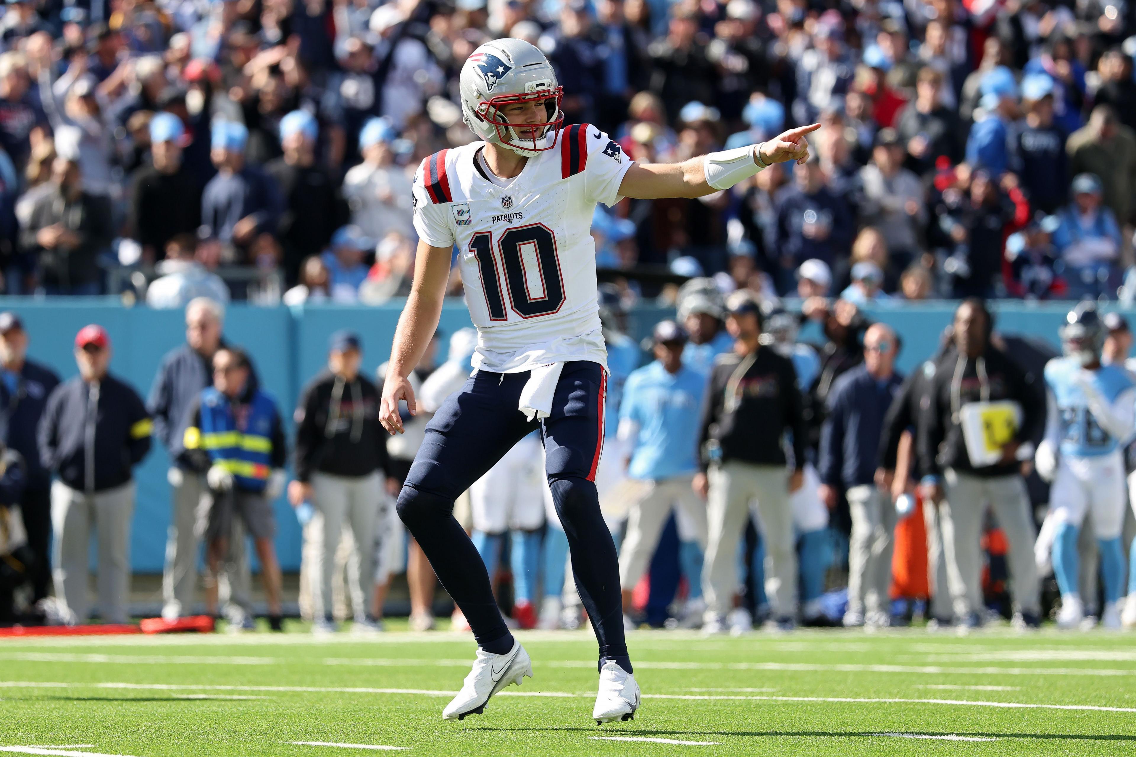 Drake Maye celebrates a New England Patriots touchdown