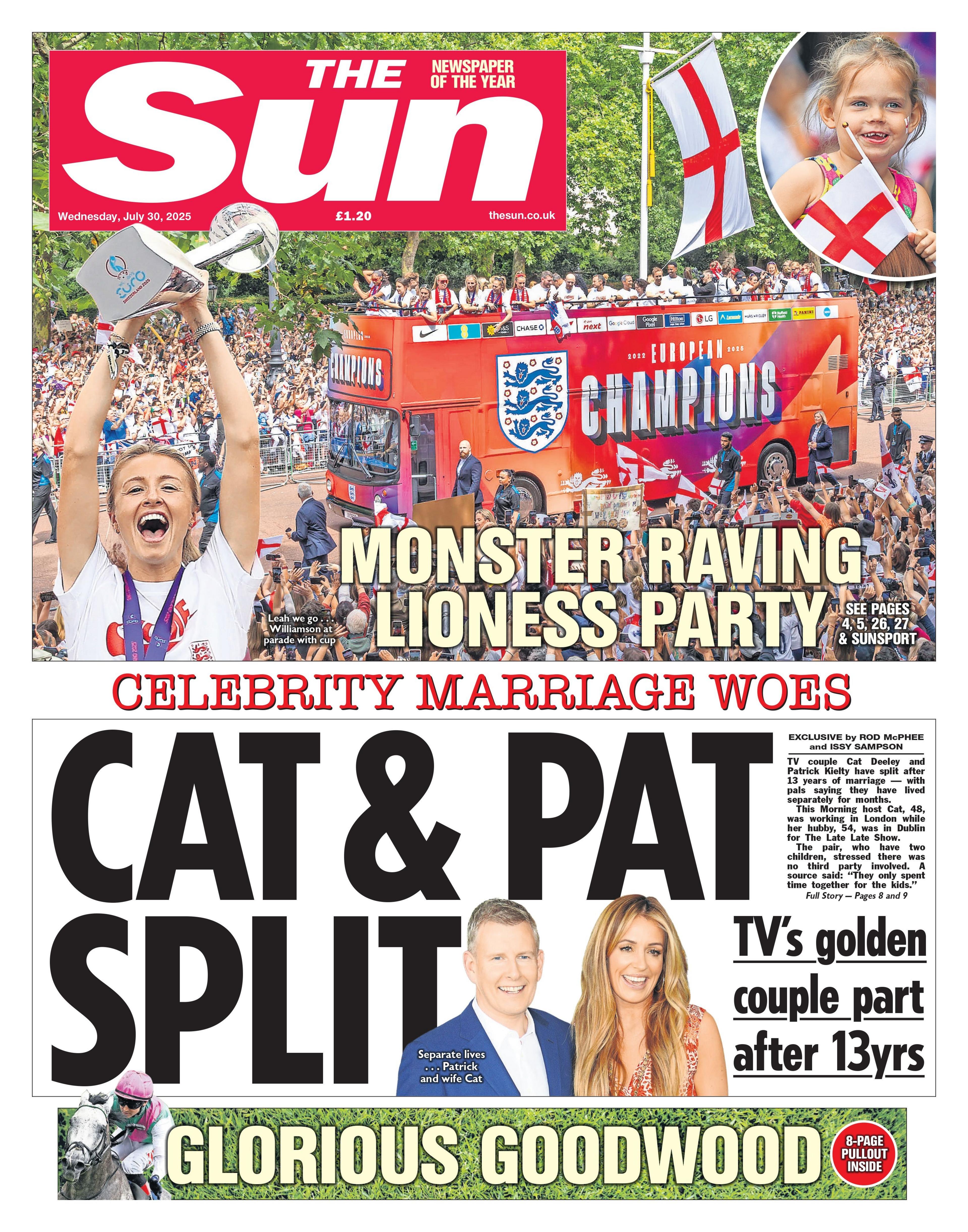 The headline on the front page of the Sun reads: "Cat and Pat split".