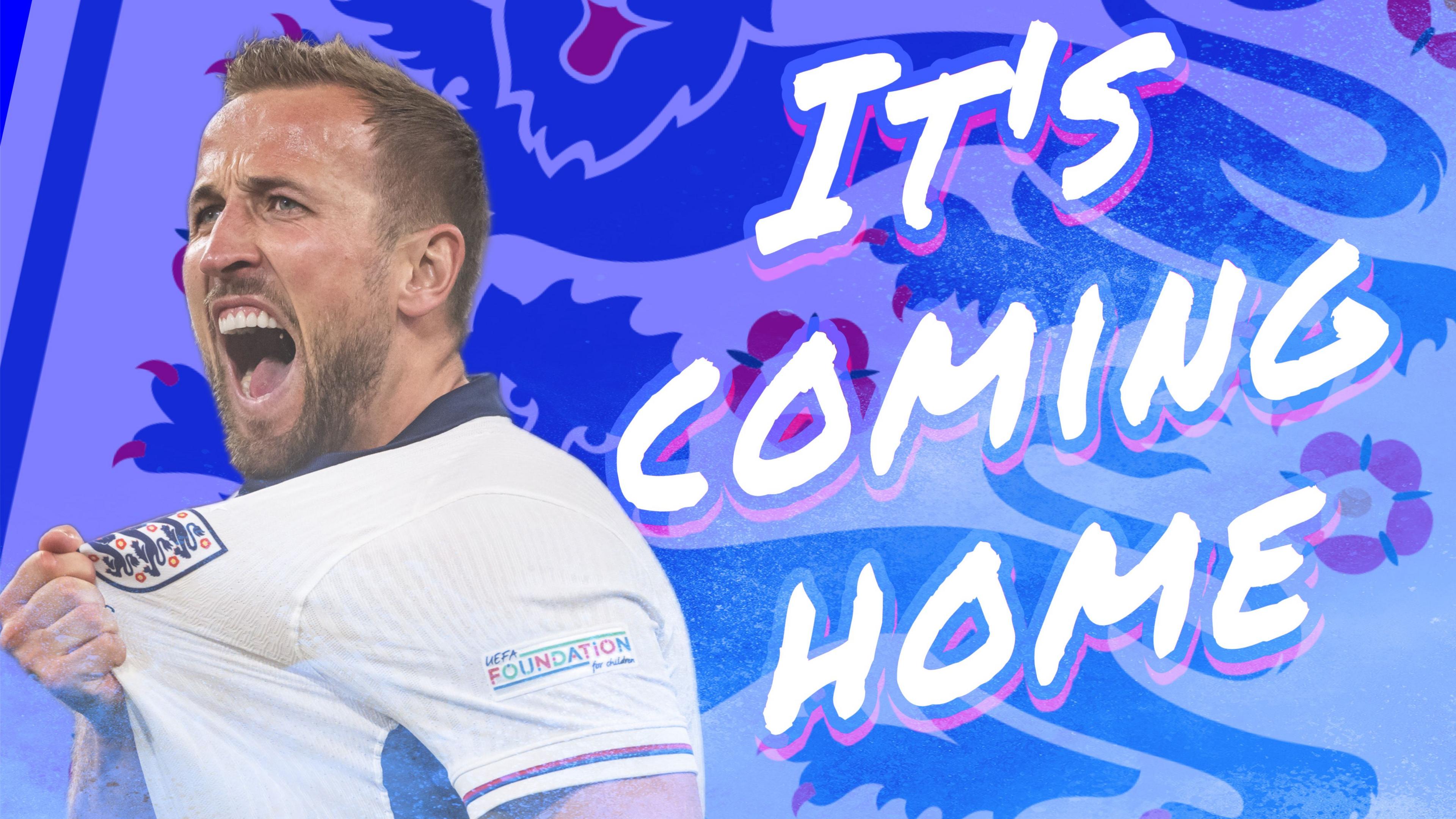 Harry Kane, Three Lions Badge, and the words: It's Coming Home.