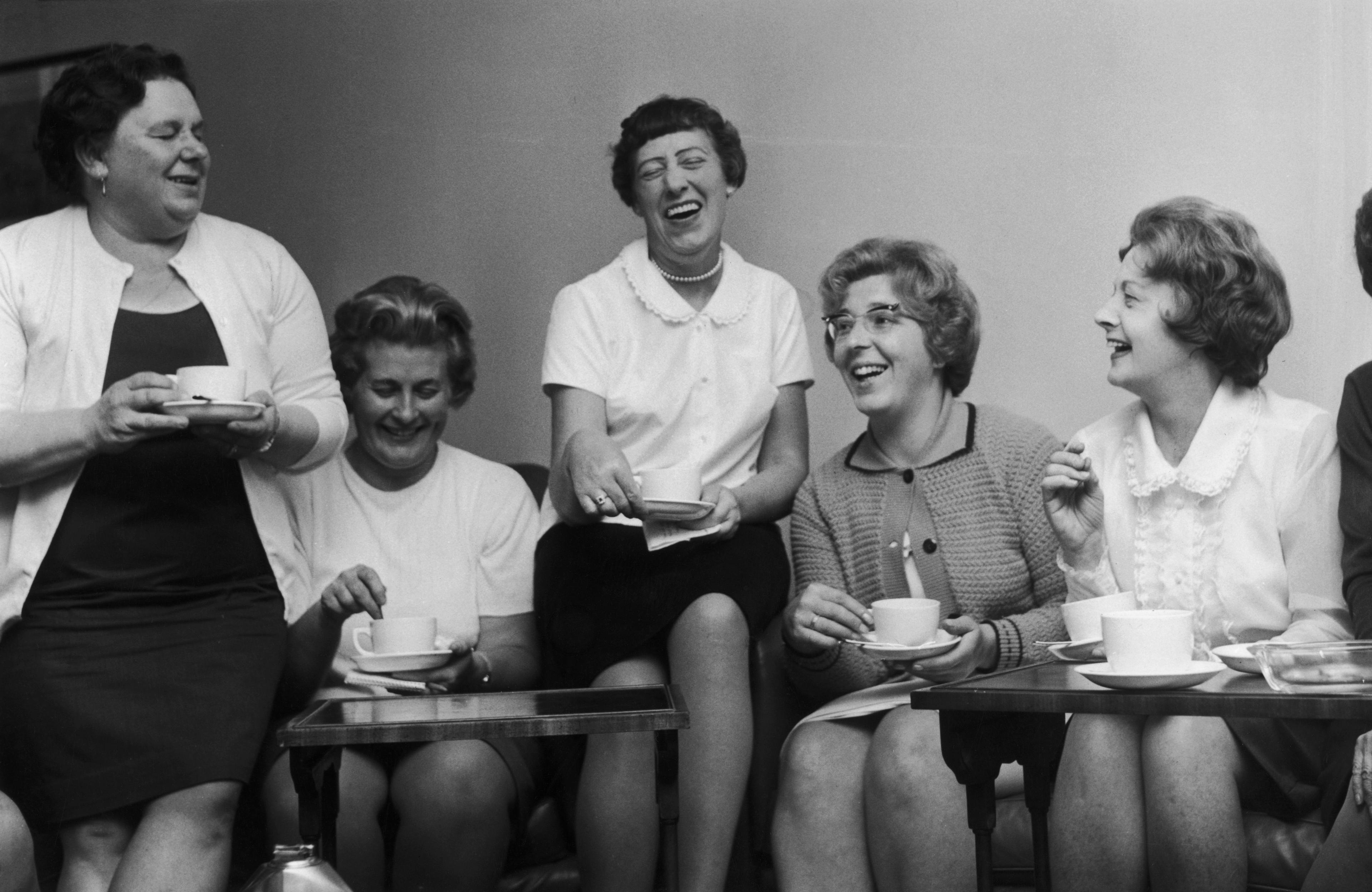 Barbara Castle (right), Secretary of State for Employment and Productivity, shares a cup of tea with the leaders of the female machinists strike from the Ford plant in Dagenham, at the Ministry, 28th June 1968.