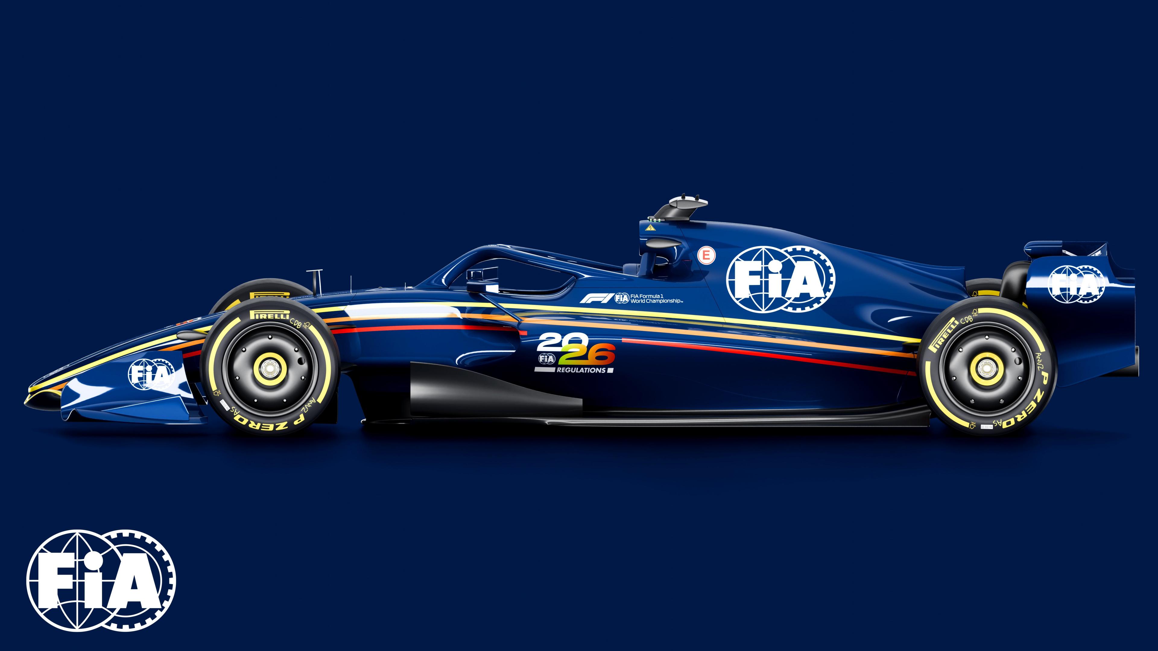 Rendered image of how an F1 car will look like in 2026 from the side 