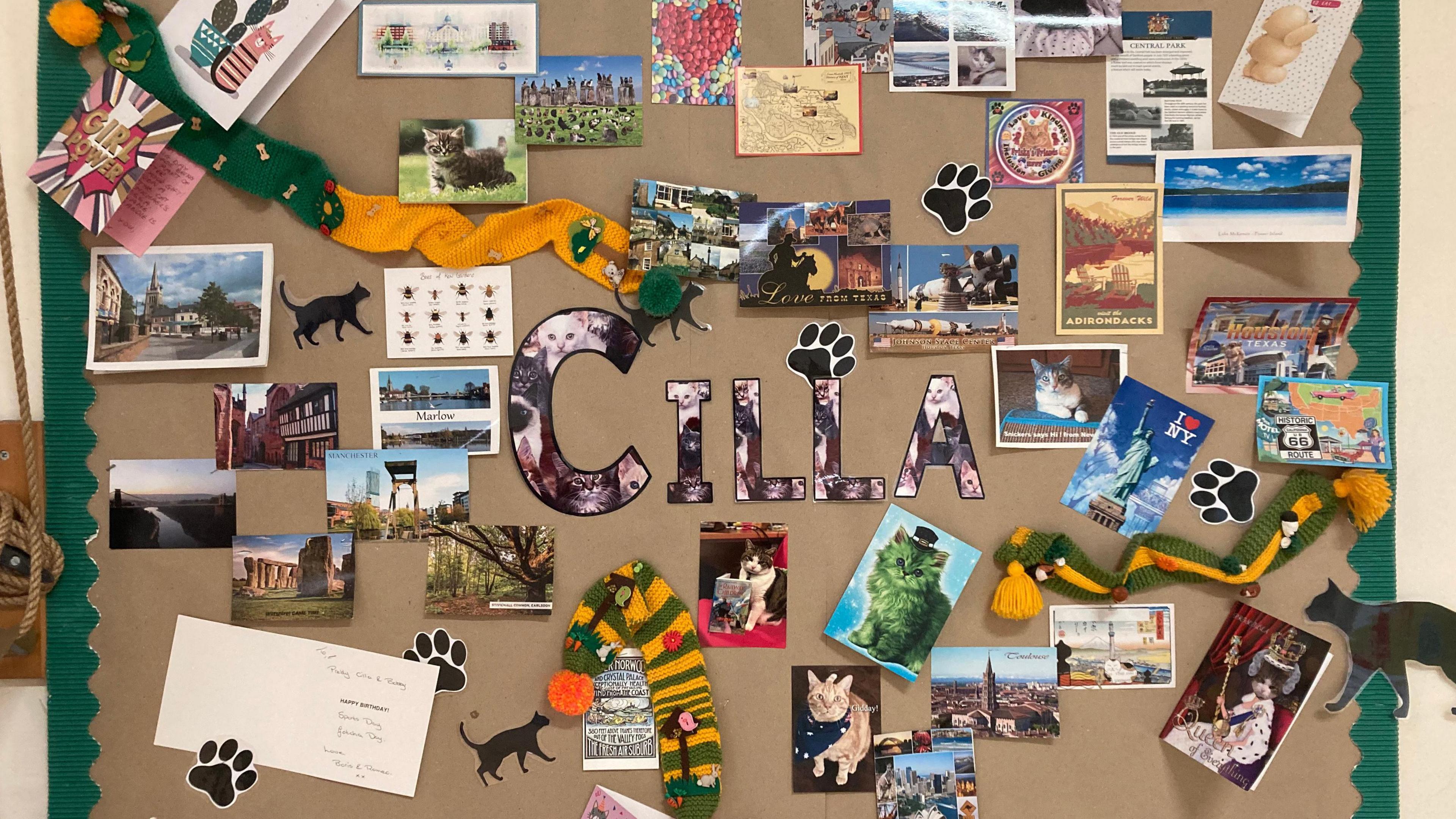 A large board on a wall with Cilla written in the middle and cards and postcards around it