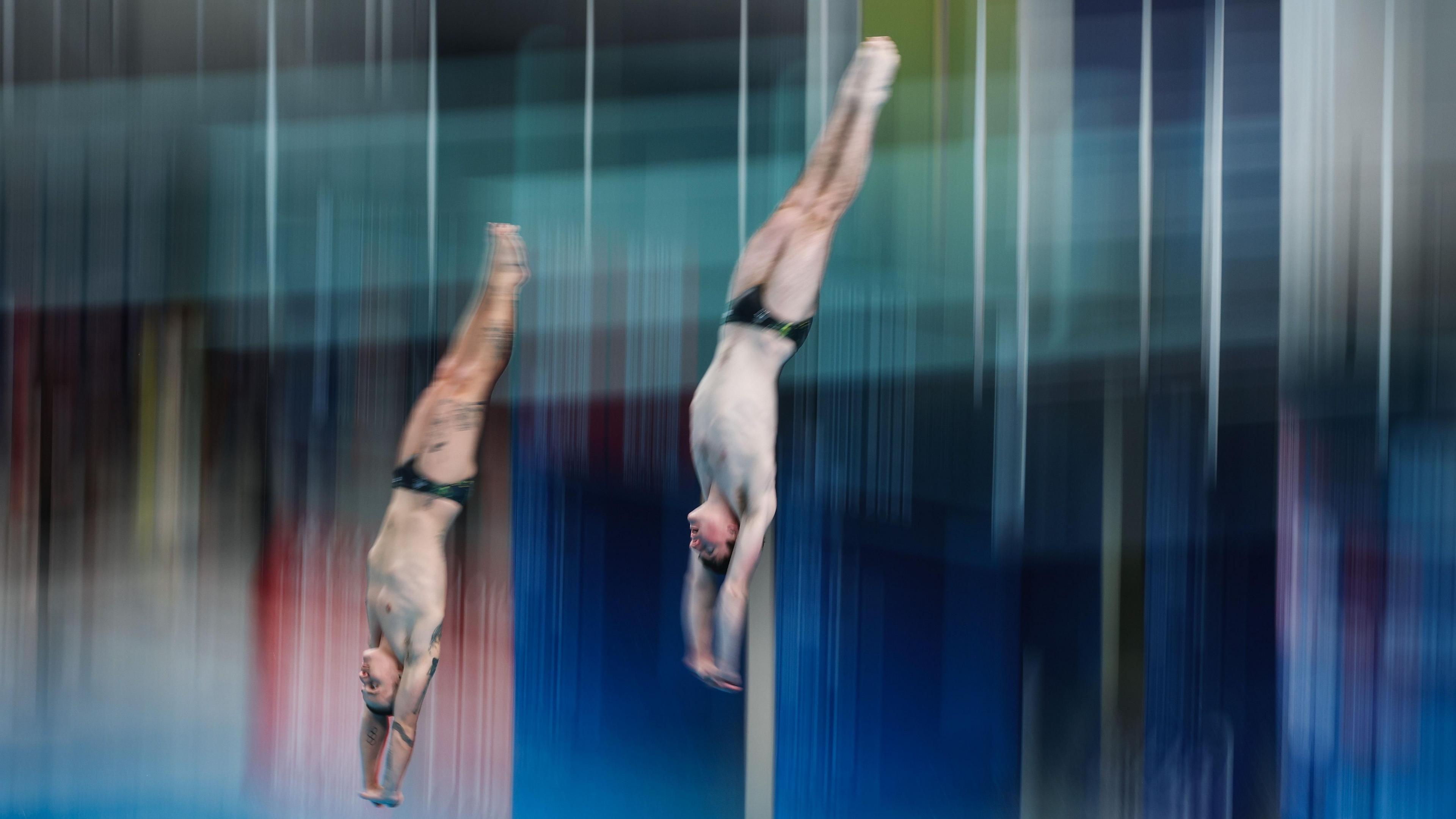 Australia's Cassiel Rousseau and Jaxon Bowshire compete during the Men's 10m Synchronised Final on day one of World Aquatics Diving World Cup 2025 Super Final at Water Cube in Beijing, China