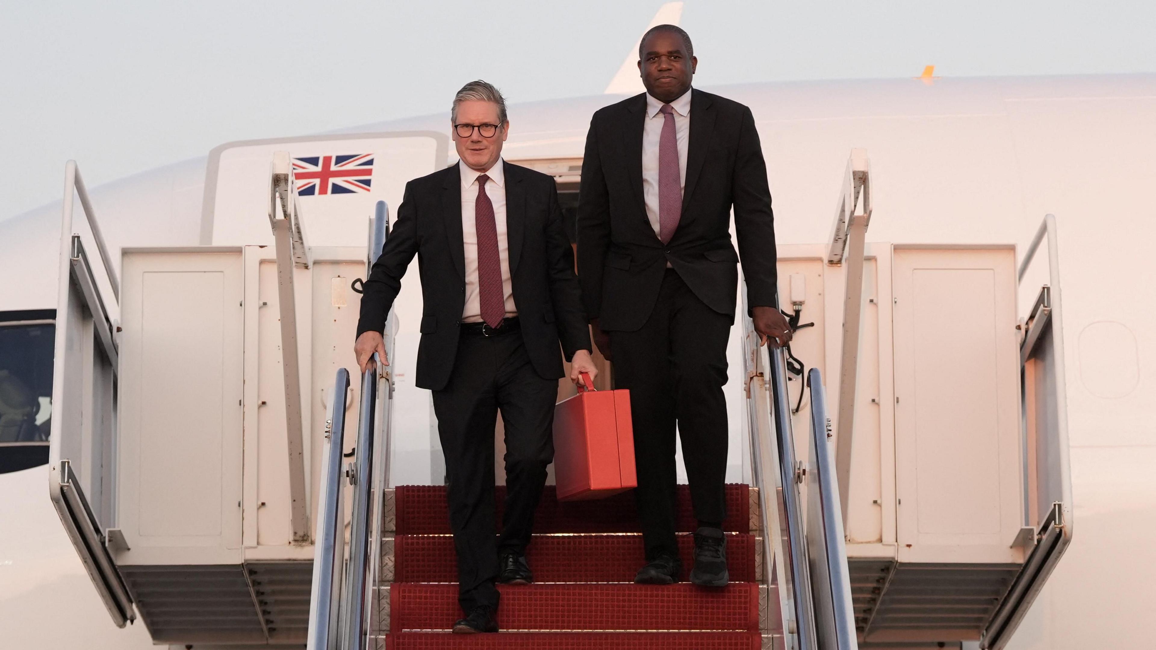 The UK's Prime Minister Starmer and Foreign Secretary Lammy arriving in the US