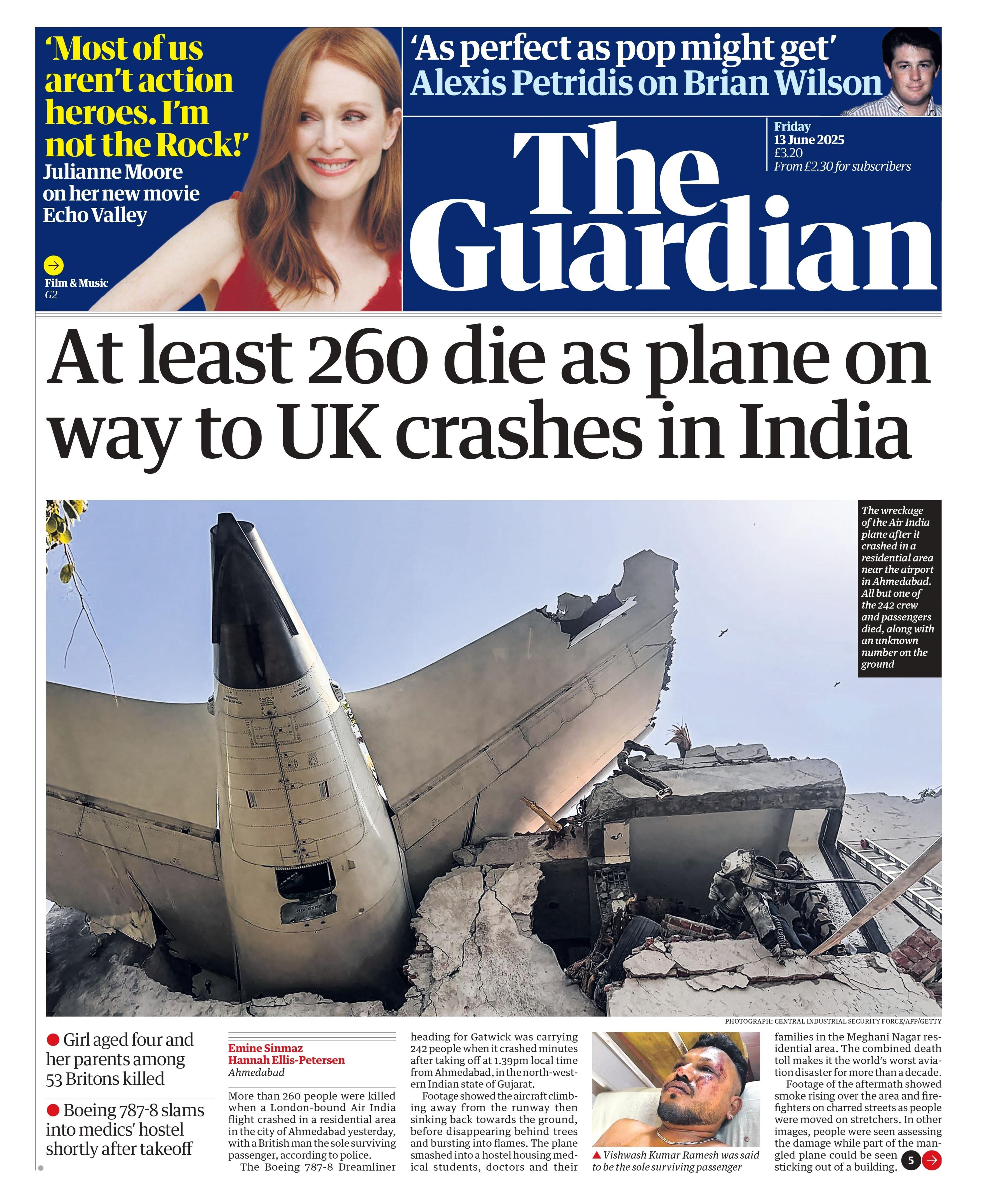 The headline on the front page of the Guardian newspaper reads: "At least 260 die as plane on way to UK crashes in India".