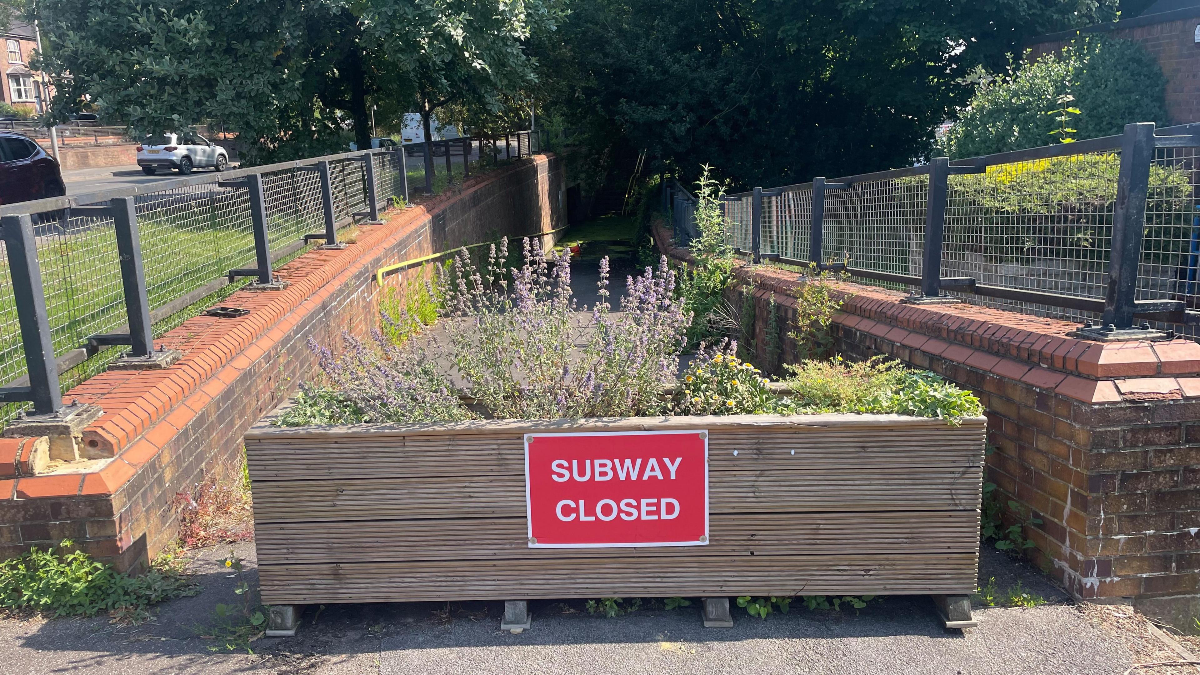 A wooden flower bed with lavender in it and a red sign on it with the words "Subway closed". The flower bed is blocking the entrance to an underpass. There are railings and trees on both sides of the subway.