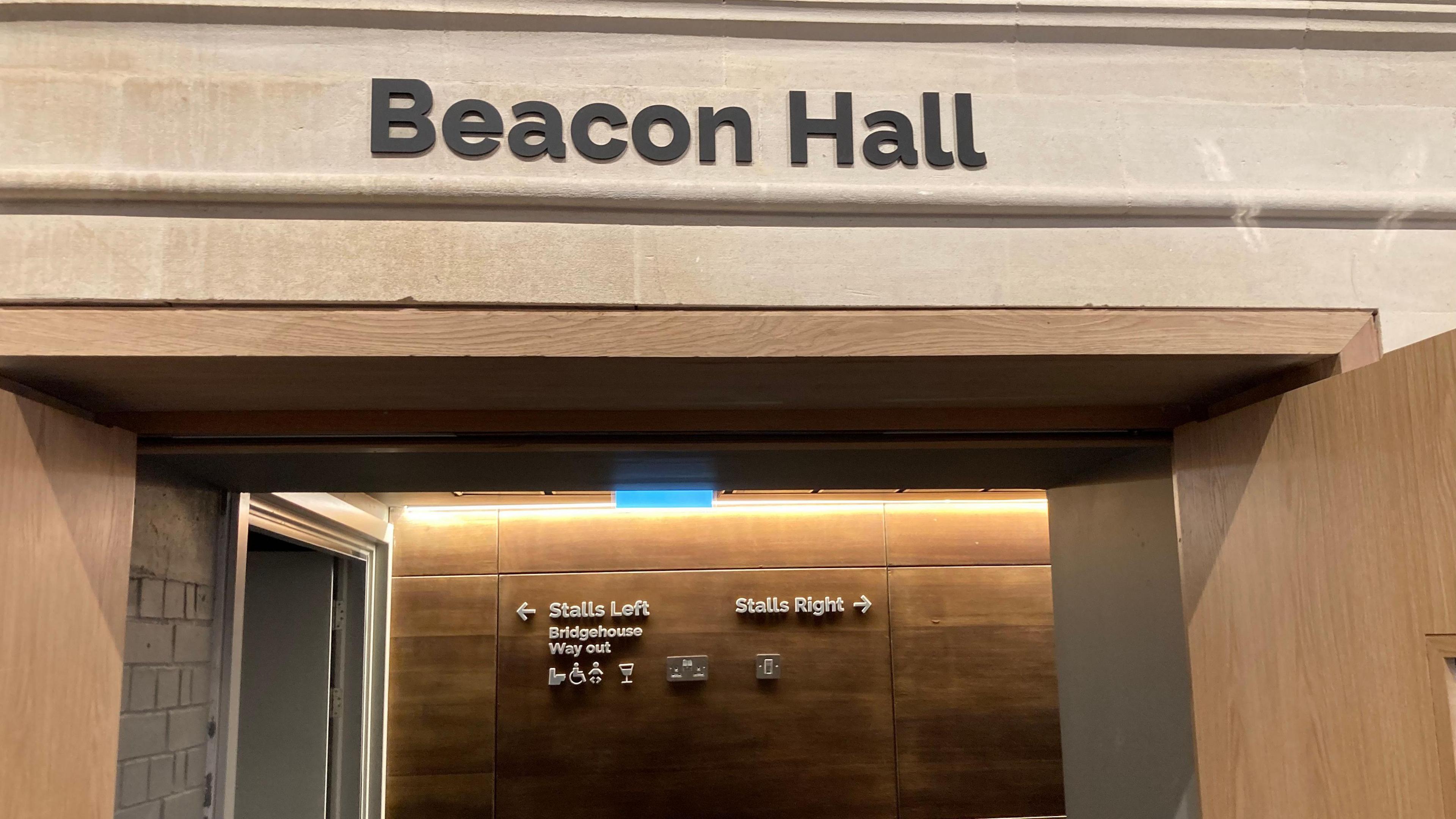 View of the Beacon Halls name above its entrance