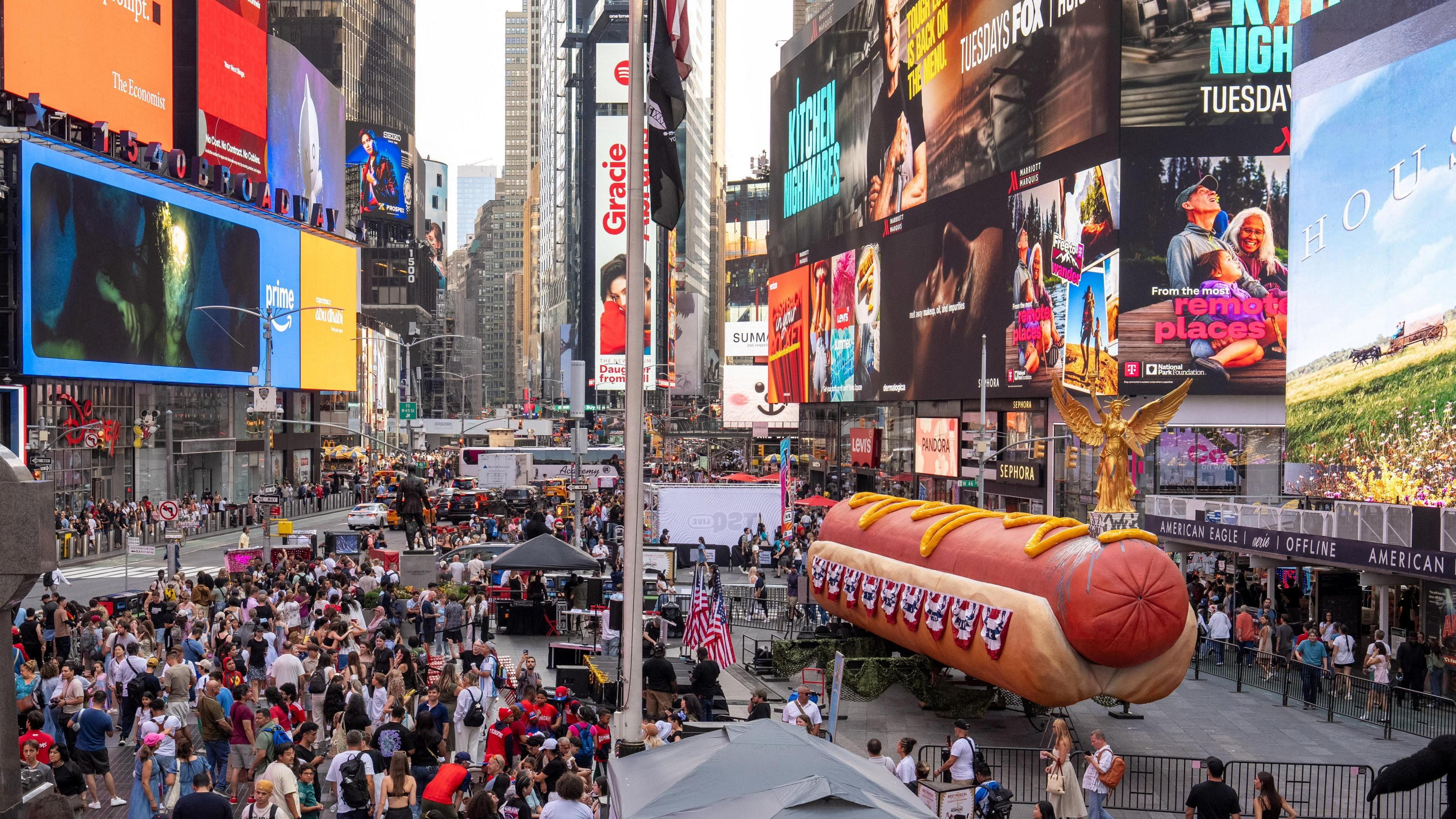 Giant hot dog sculpture in Times Square.